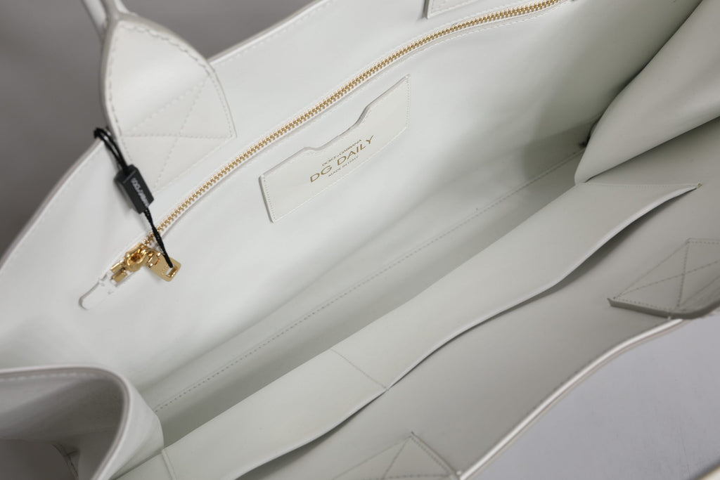 Dolce & Gabbana White Logo Print DG Daily Calfskin Shopping Tote Bag