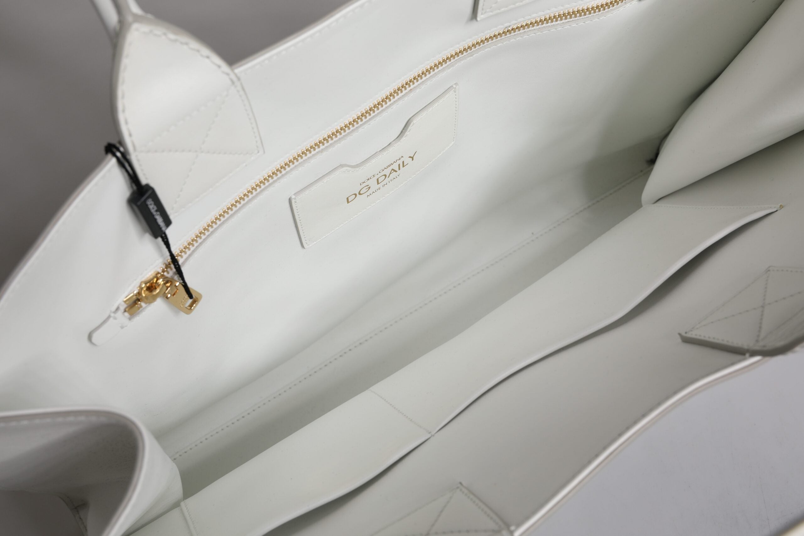 Dolce & Gabbana White Logo Print DG Daily Calfskin Shopping Tote Bag