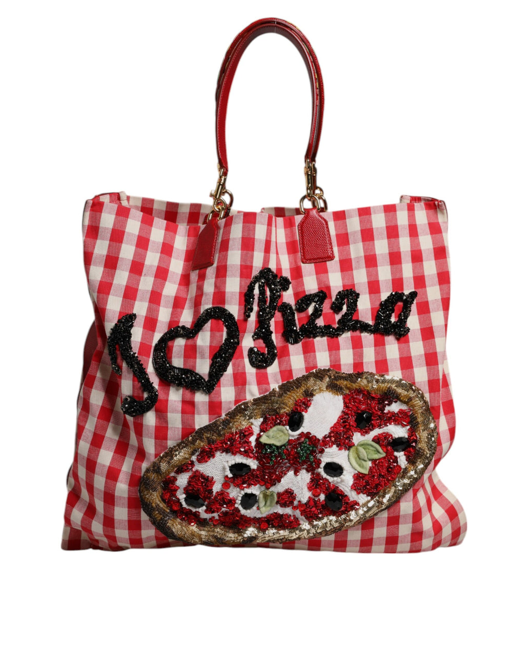 Dolce & Gabbana Red Checkered Embellished Shopping Tote Cotton Bag
