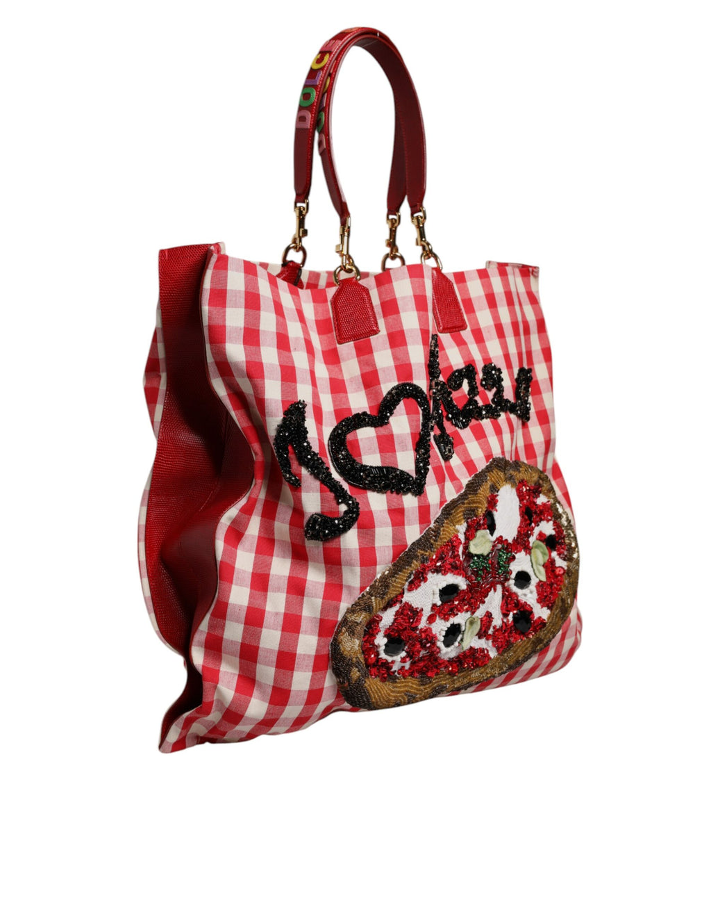 Dolce & Gabbana Red Checkered Embellished Shopping Tote Cotton Bag