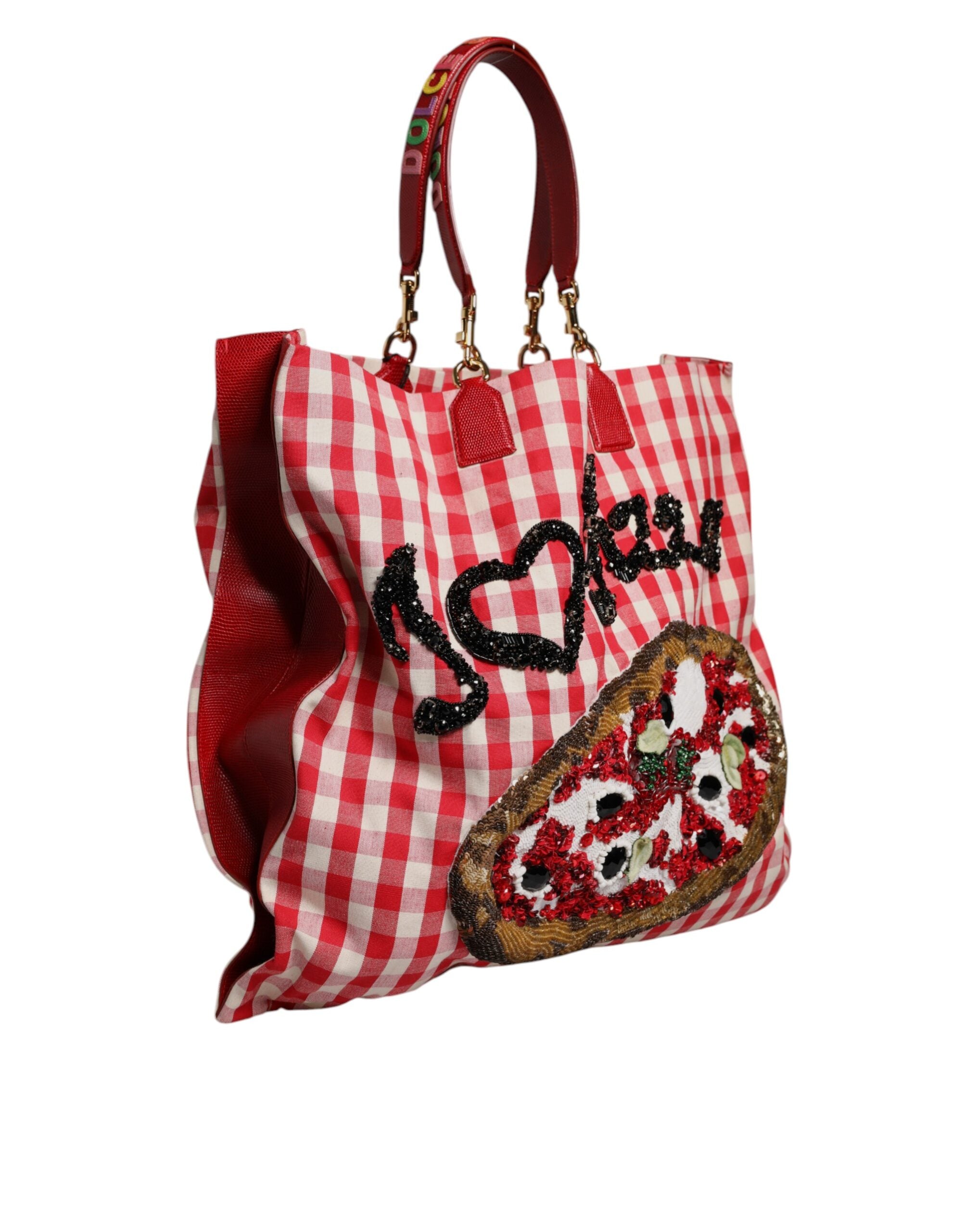 Dolce & Gabbana Red Checkered Embellished Shopping Tote Cotton Bag