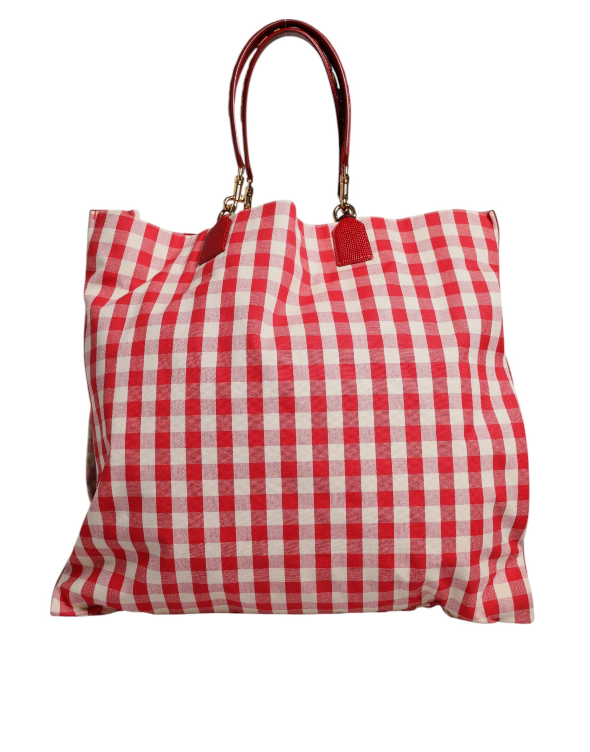Dolce & Gabbana Red Checkered Embellished Shopping Tote Cotton Bag
