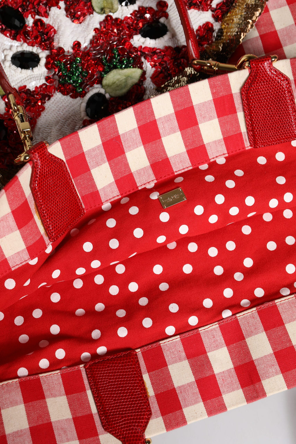Dolce & Gabbana Red Checkered Embellished Shopping Tote Cotton Bag
