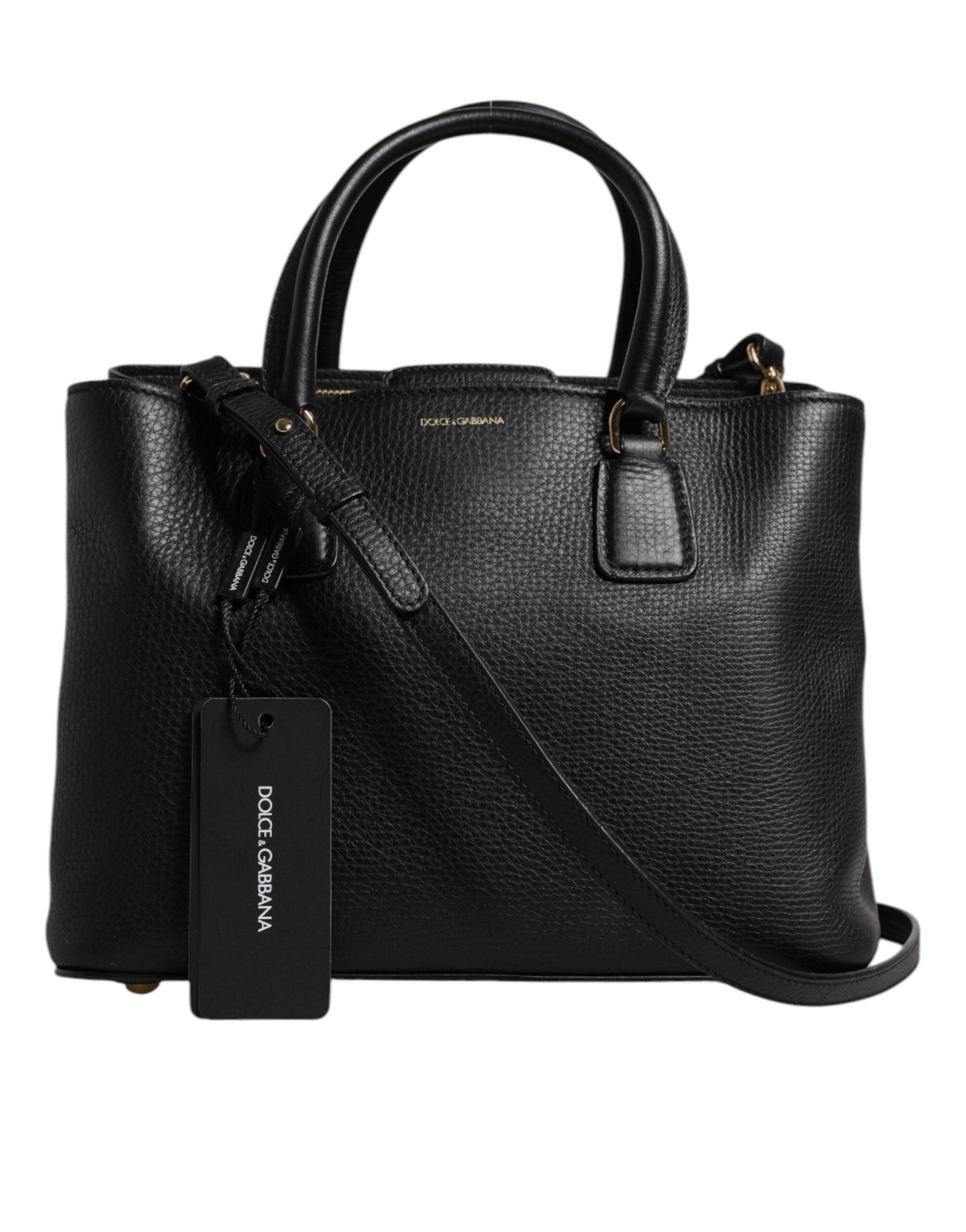 Dolce & Gabbana Black Calf Leather Logo Plaque Shoulder Handbag Bag