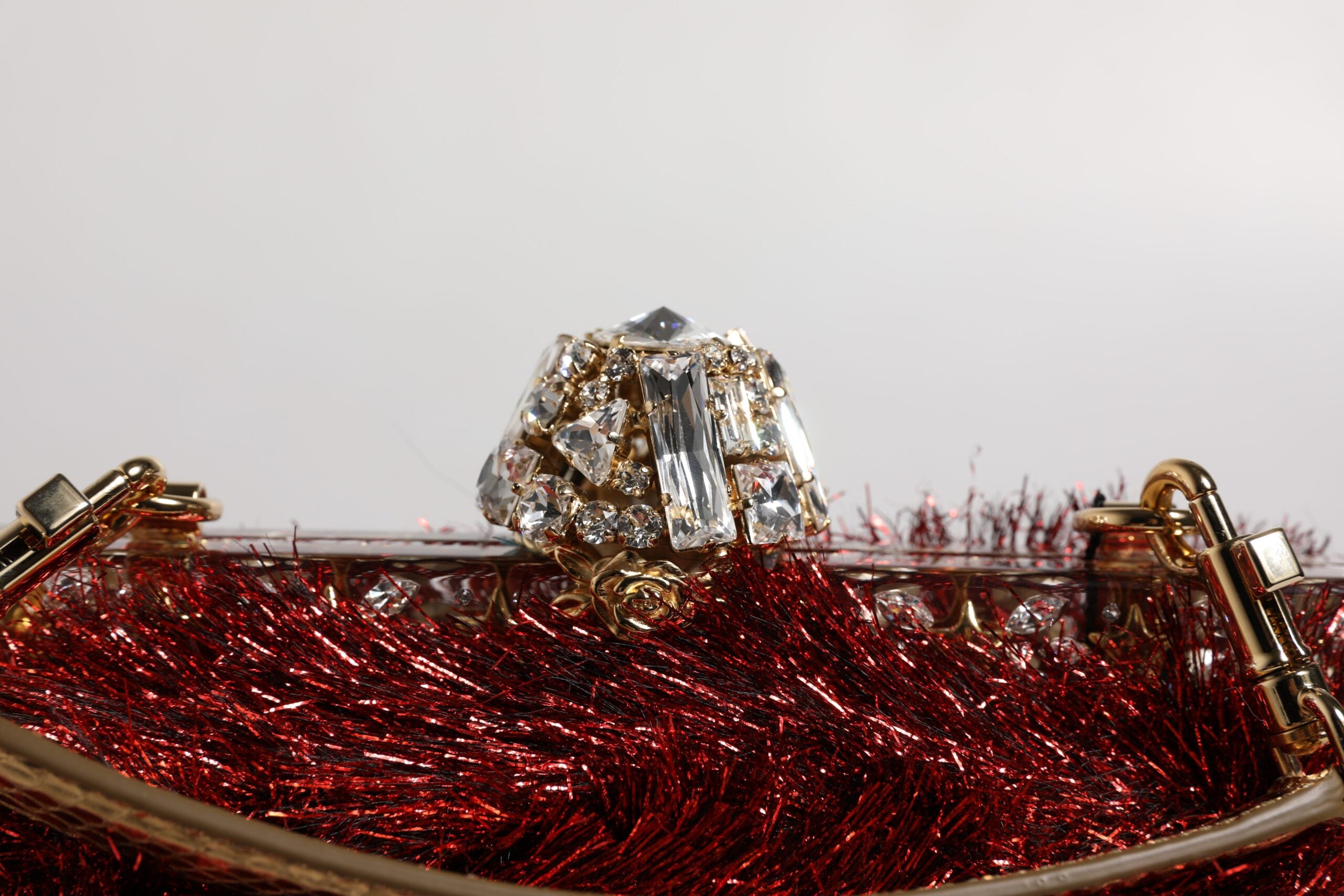 Dolce & Gabbana Red Gold Chain VANDA Tinsel Crystals Evening Clutch Bag
