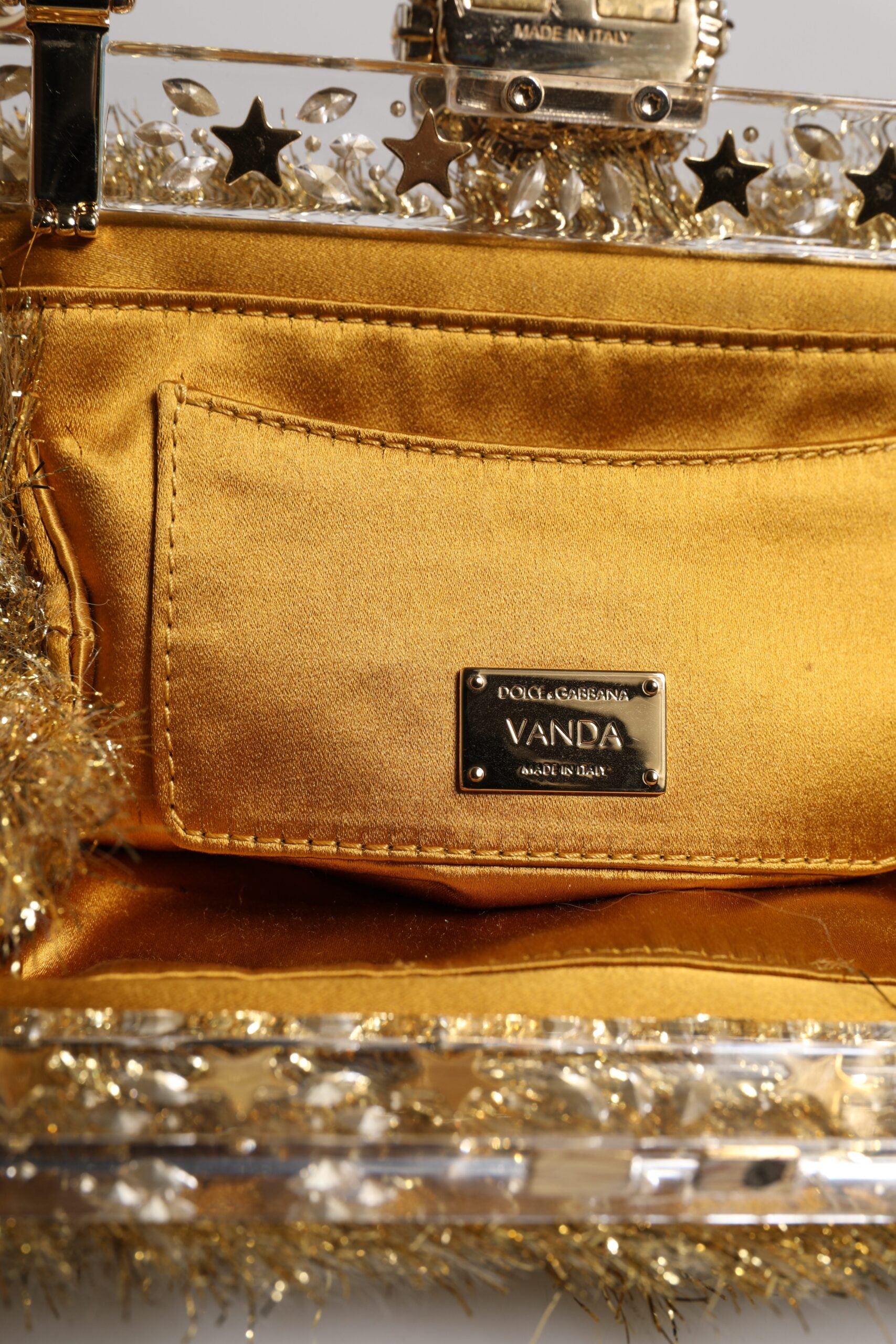 Dolce & Gabbana Gold Vanda Chain Strap Tinsel Crystal Evening Clutch Bag