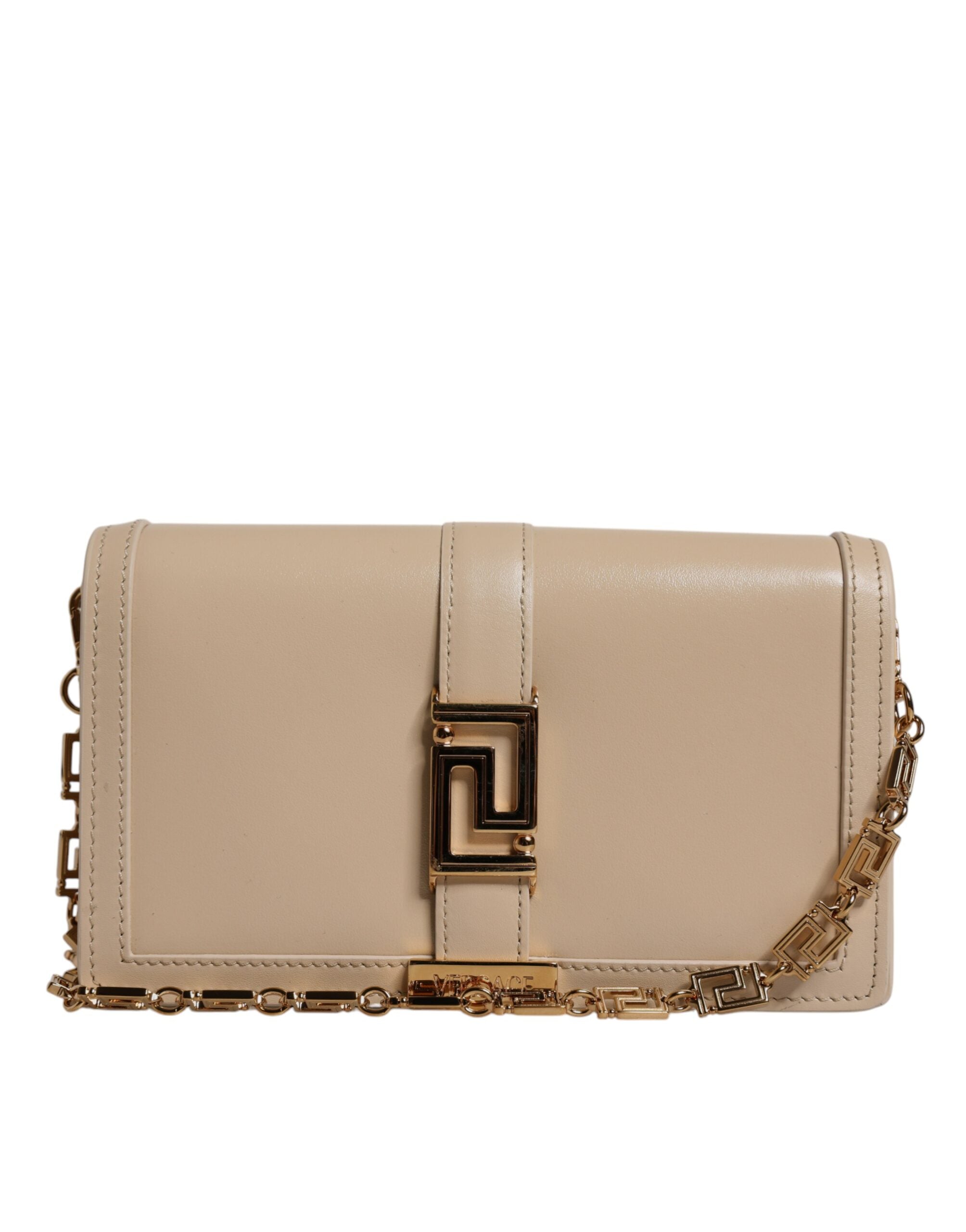 Versace Beige Gold Chain Calf Leather Wallet Crossbody Bag