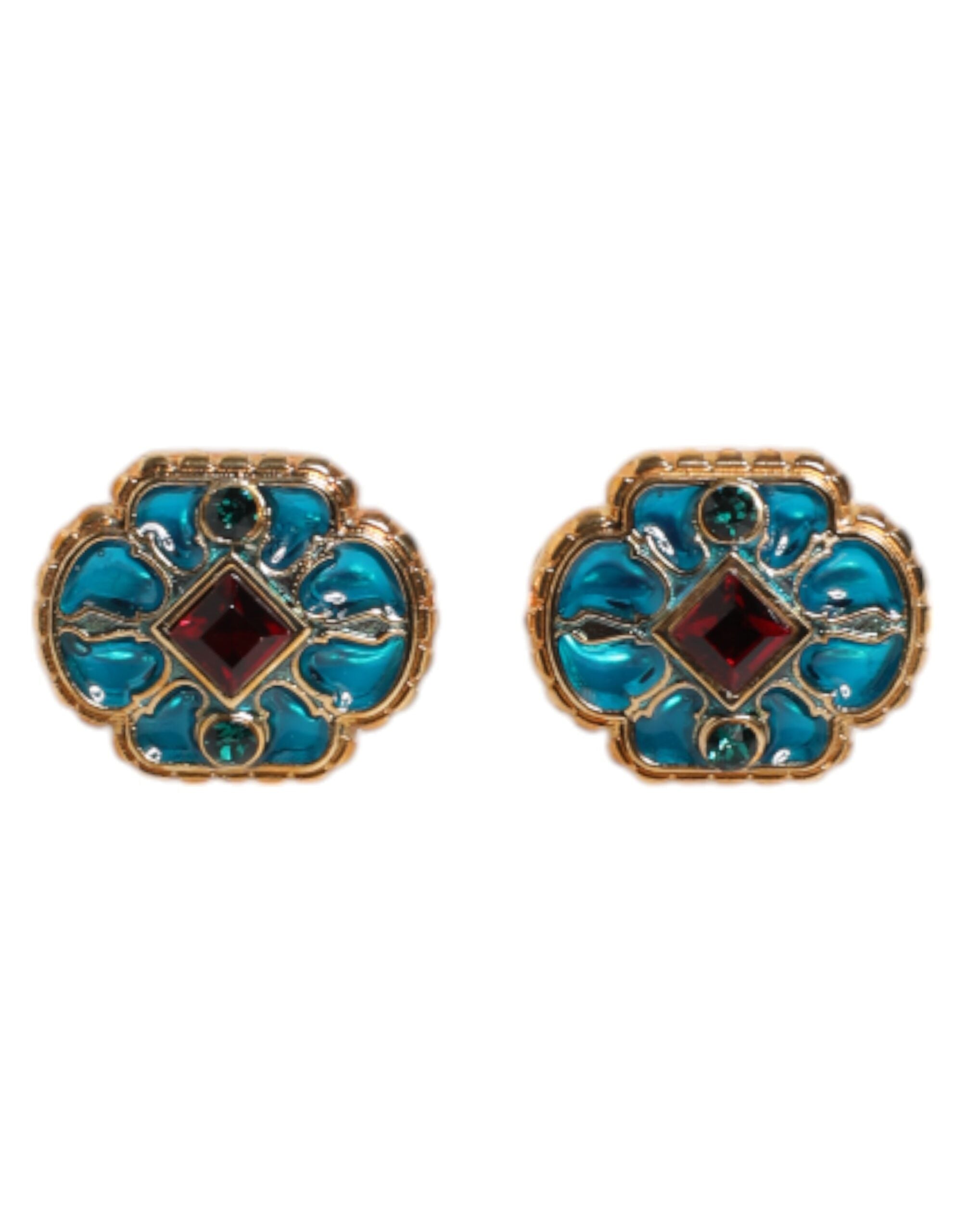 Dolce & Gabbana Gold Brass Blue Enameled Flower Cufflink