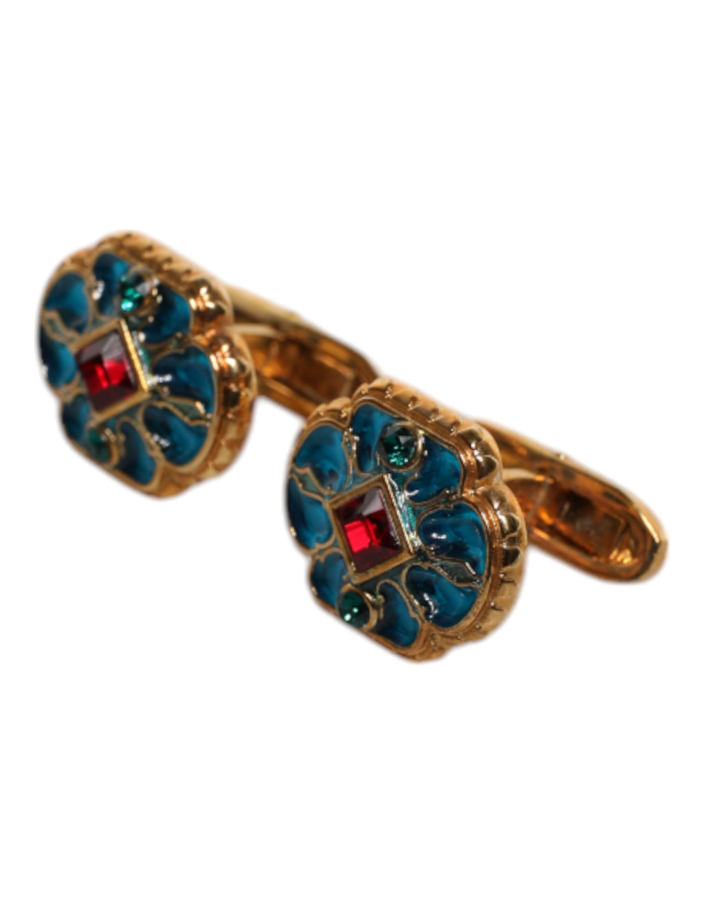 Dolce & Gabbana Gold Brass Blue Enameled Flower Cufflink