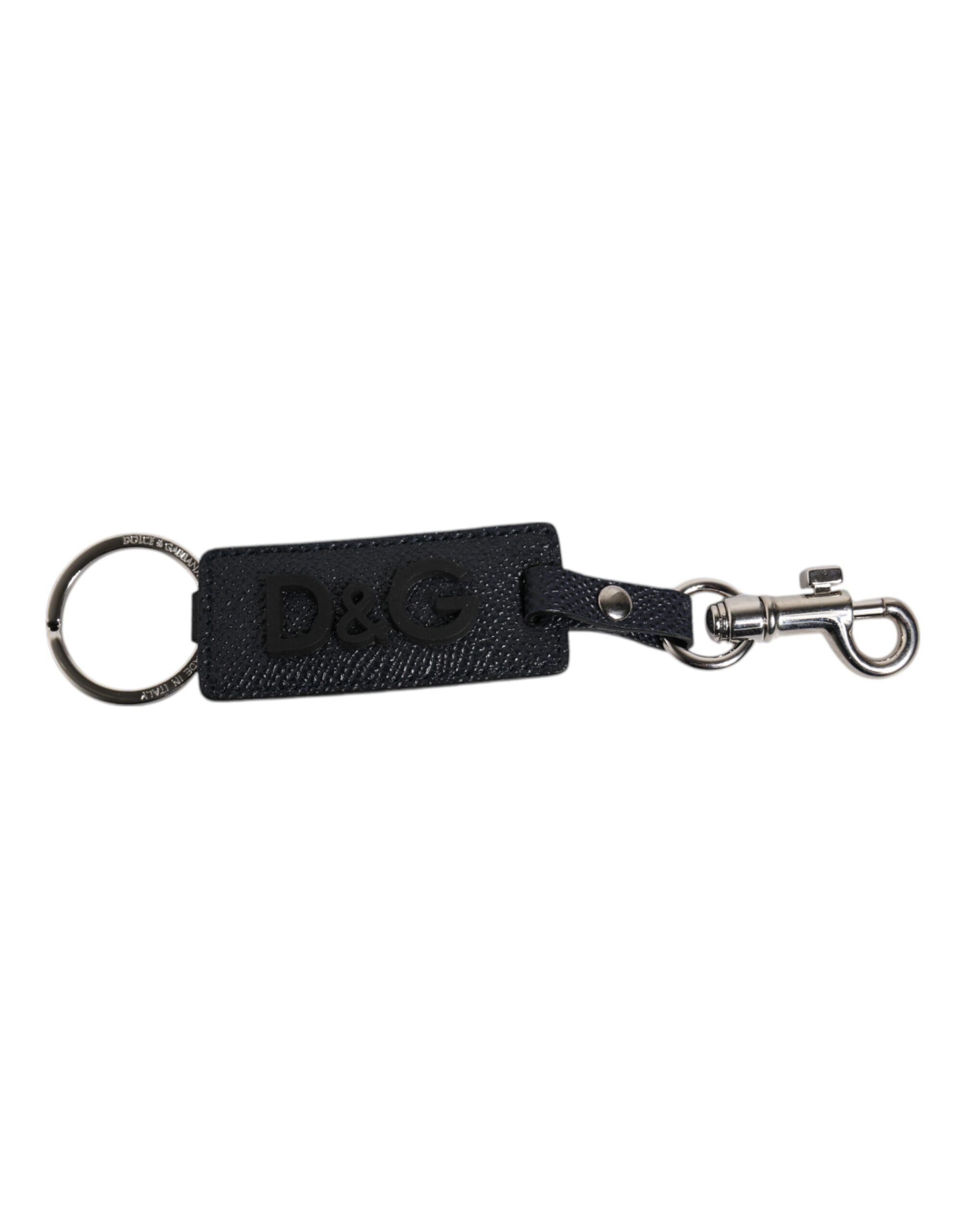 Dolce & Gabbana Blue Calf Leather DG Logo Silver Brass Keyring Keychain