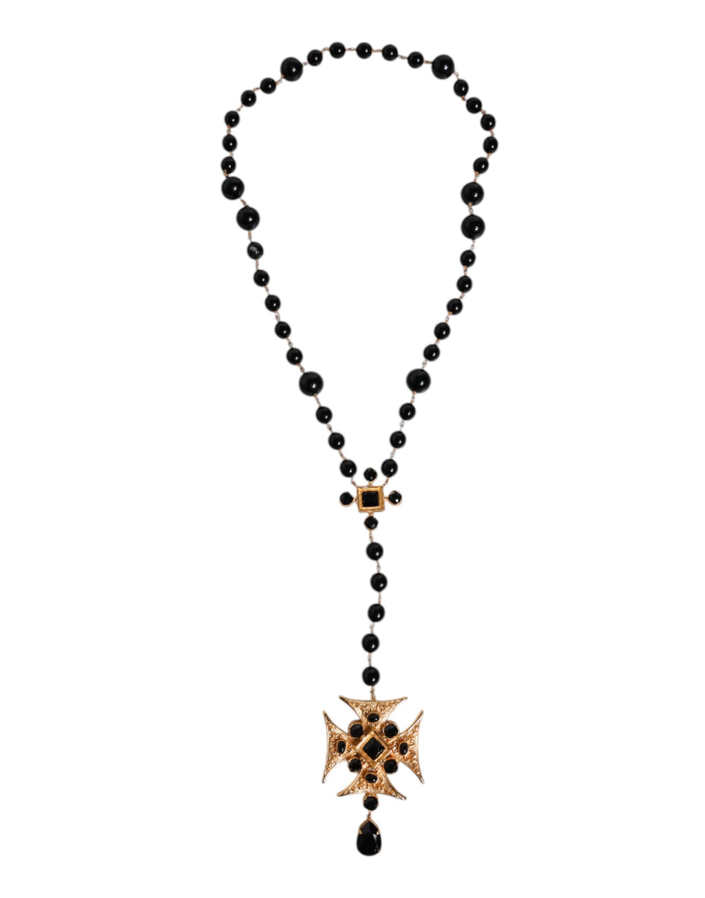 Dolce & Gabbana Gold Brass Black Beaded Chain Rosary Pendant Necklace