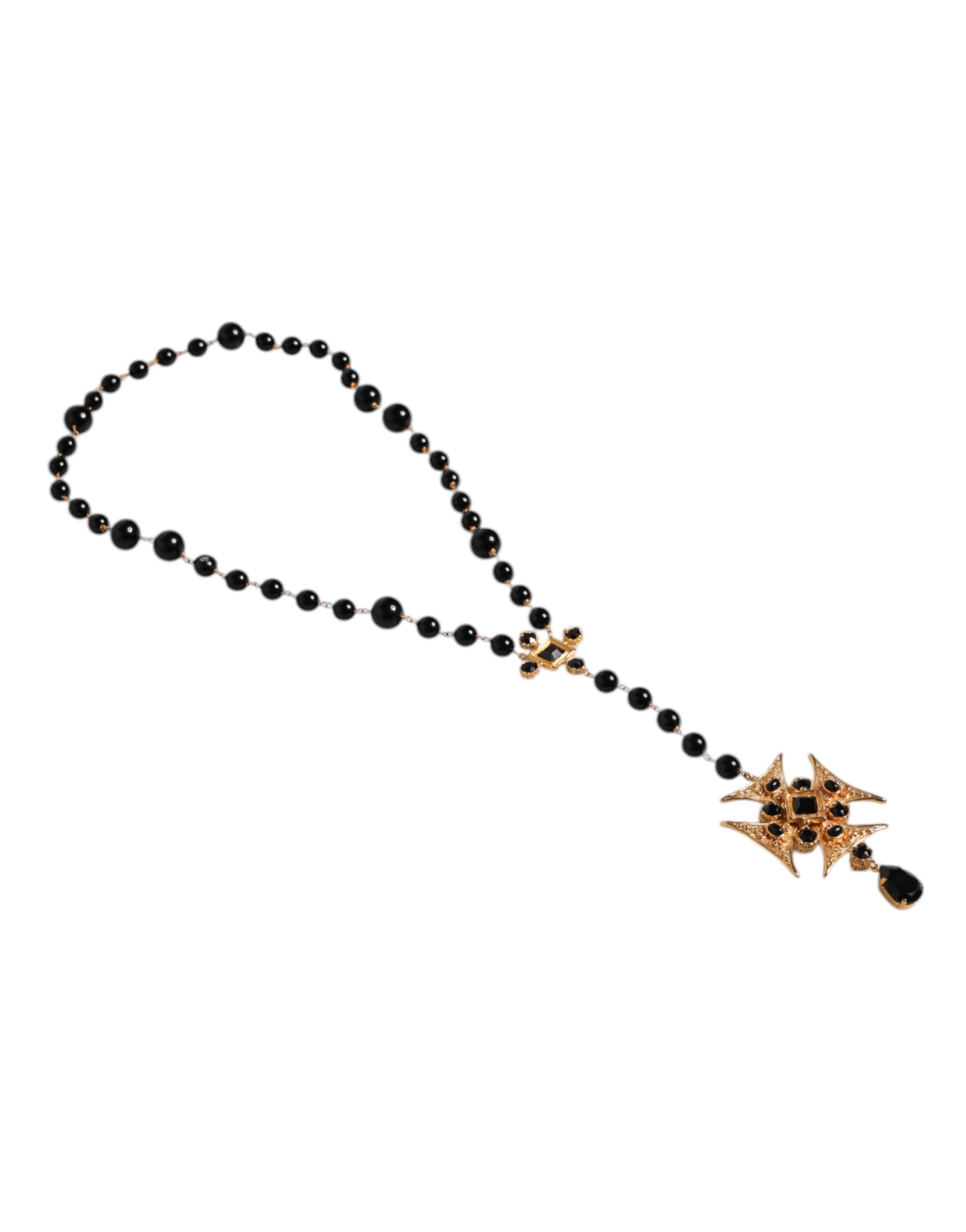 Dolce & Gabbana Gold Brass Black Beaded Chain Rosary Pendant Necklace