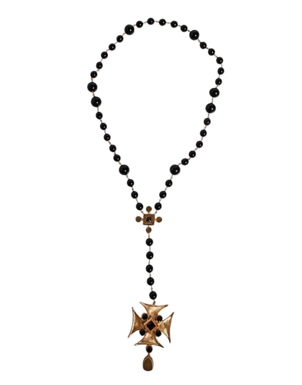 Dolce & Gabbana Gold Brass Black Beaded Chain Rosary Pendant Necklace
