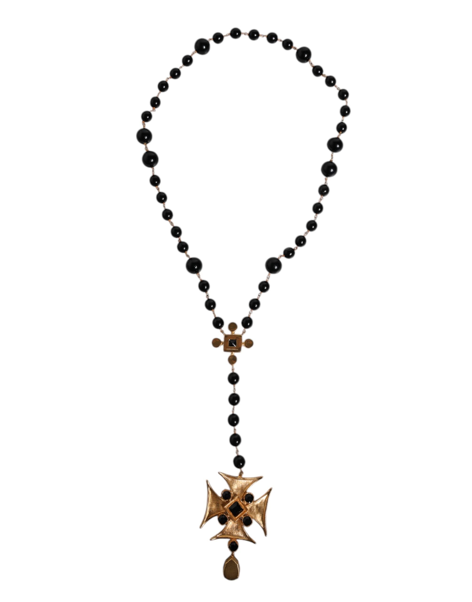 Dolce & Gabbana Gold Brass Black Beaded Chain Rosary Pendant Necklace
