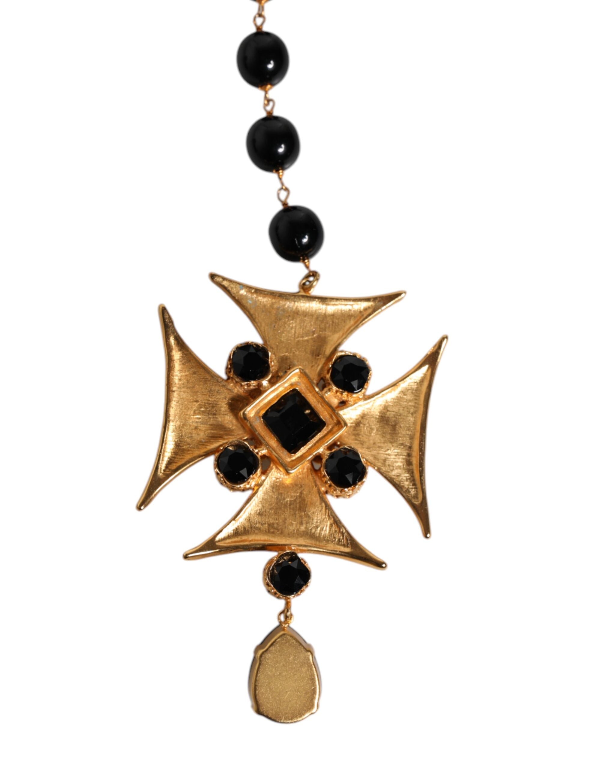 Dolce & Gabbana Gold Brass Black Beaded Chain Rosary Pendant Necklace