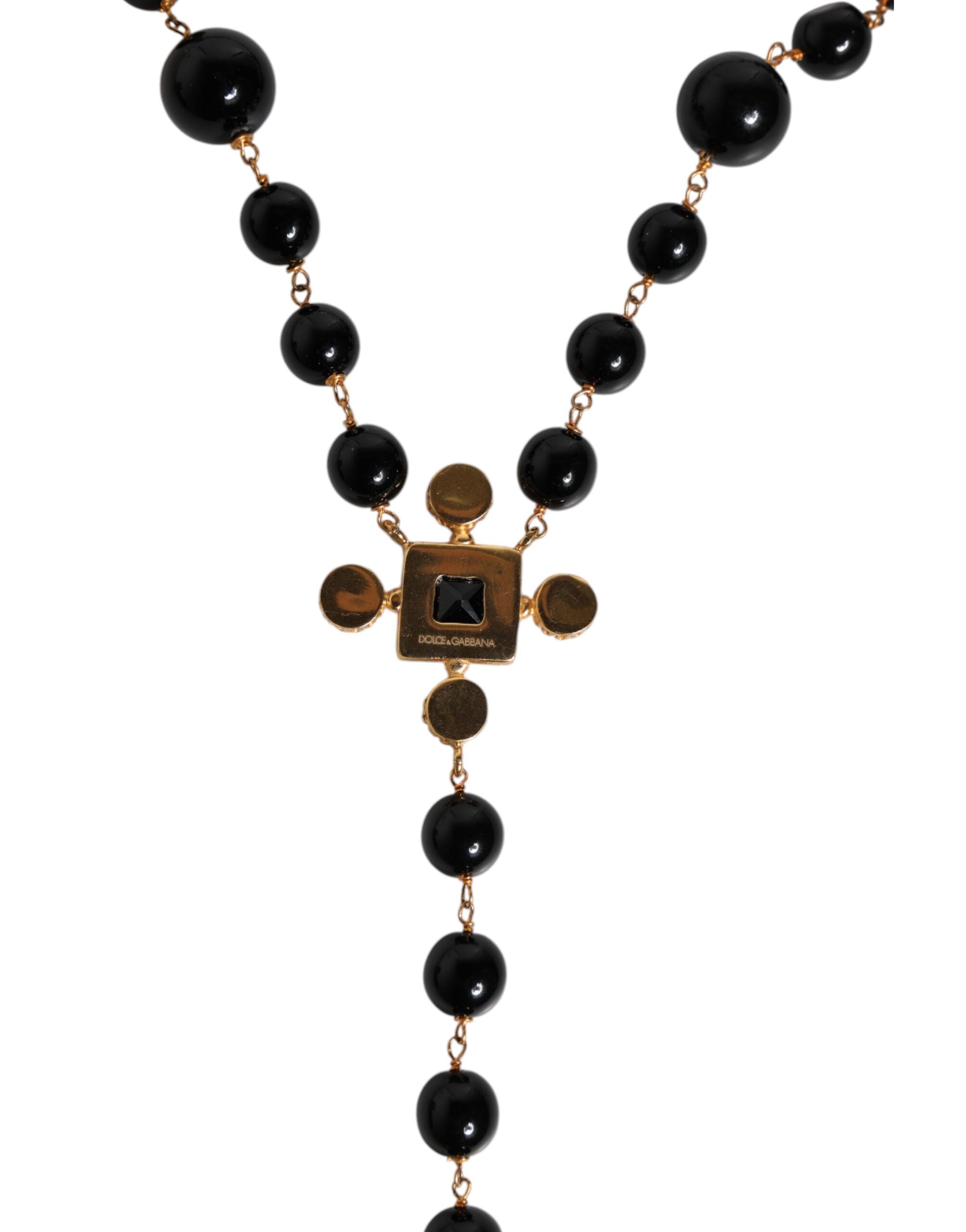 Dolce & Gabbana Gold Brass Black Beaded Chain Rosary Pendant Necklace
