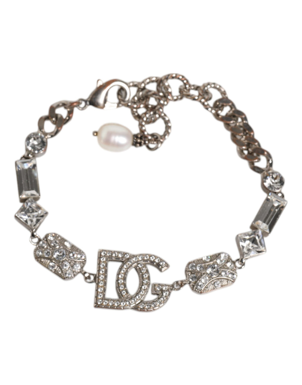 Dolce & Gabbana Silver Brass Crystal DG Logo Charm Embellished Bracelet