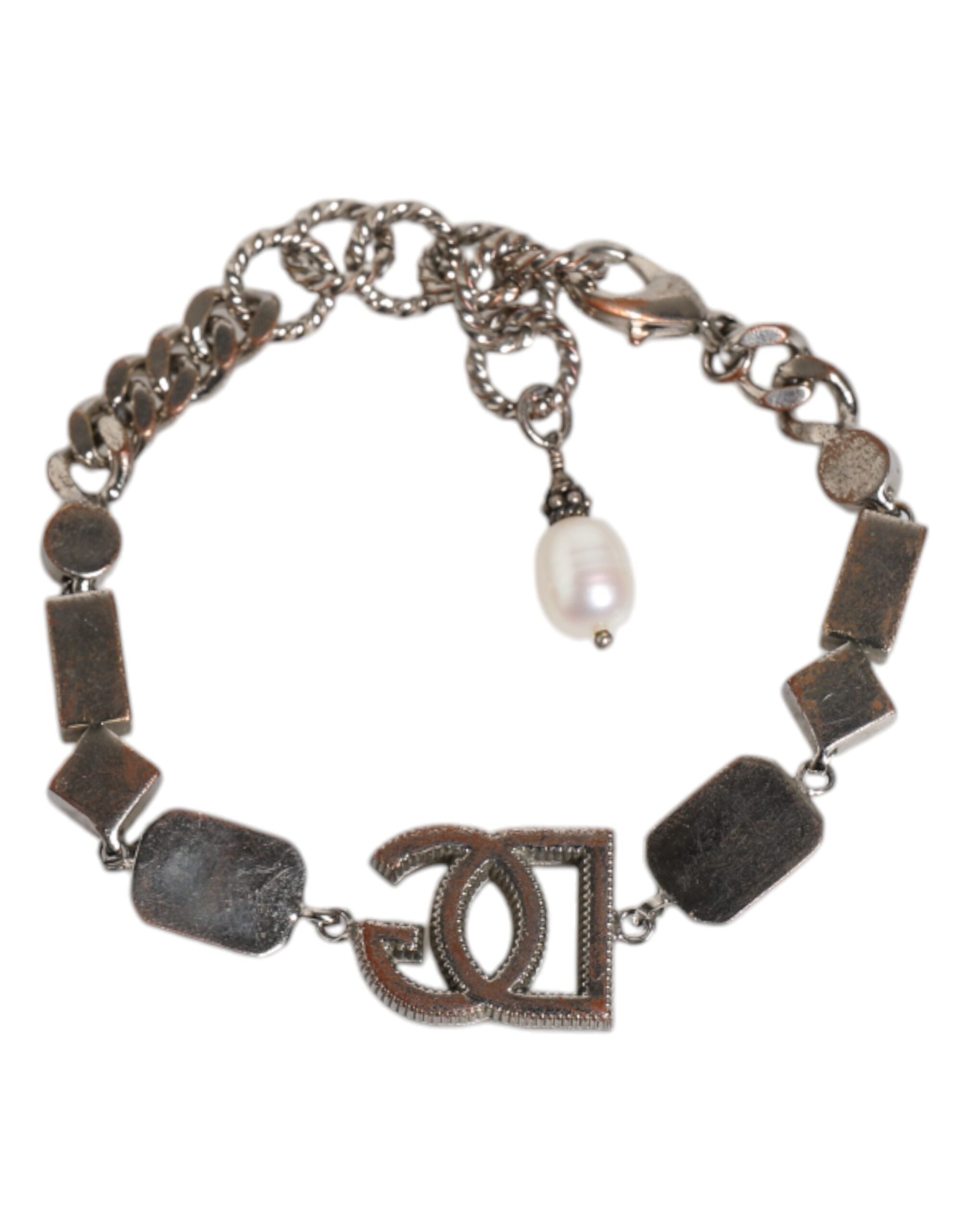 Dolce & Gabbana Silver Brass Crystal DG Logo Charm Embellished Bracelet