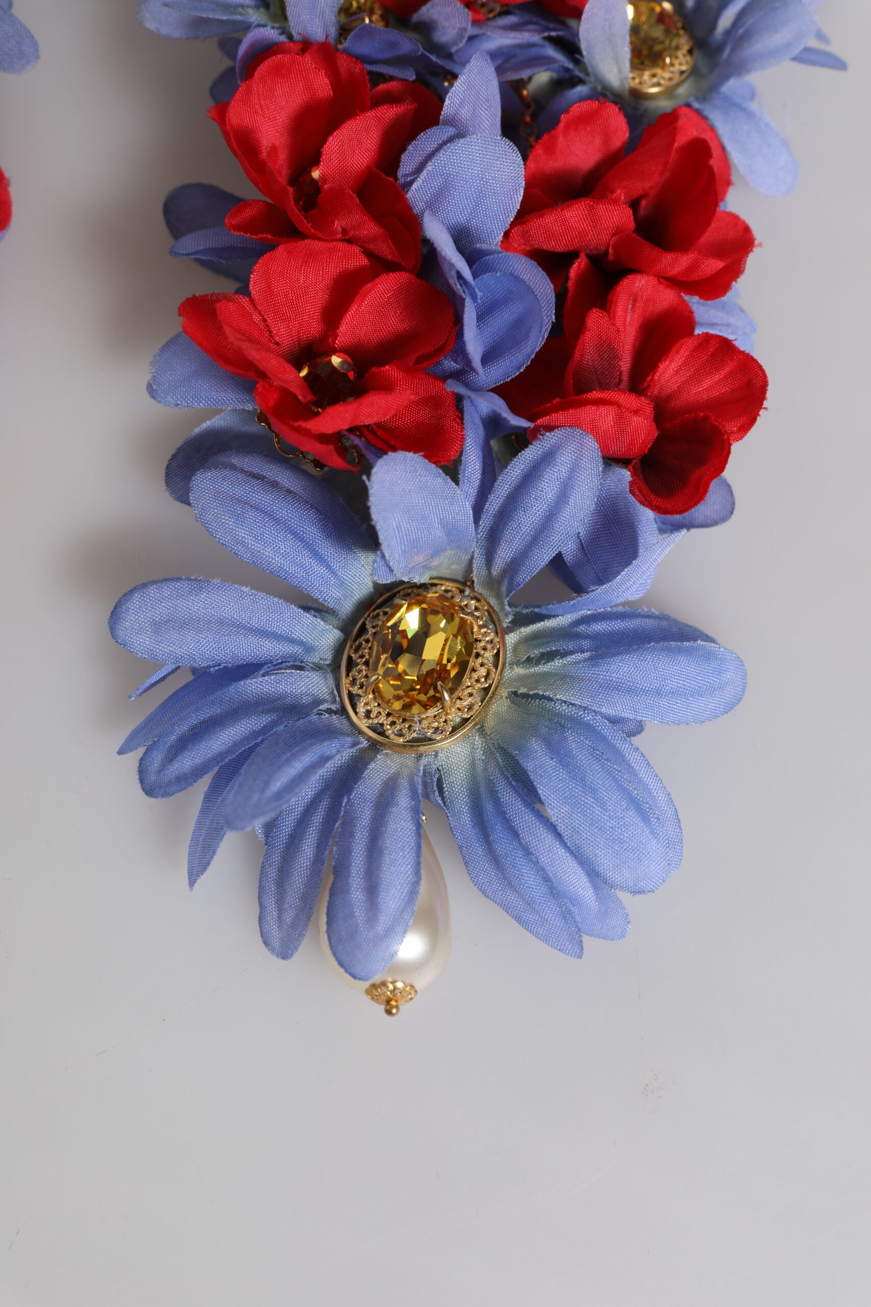 Dolce & Gabbana Gold Tone Brass Floral Crystal Clip On Dangling Earrings