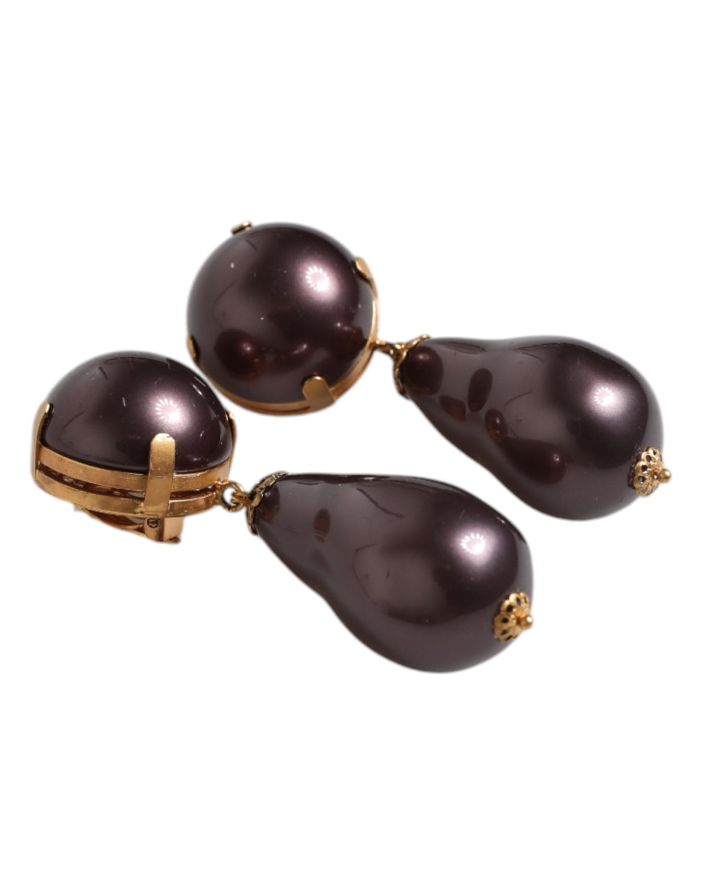 Dolce & Gabbana Gold Brass Black Pearl Clip On Dangling Jewelry Earrings