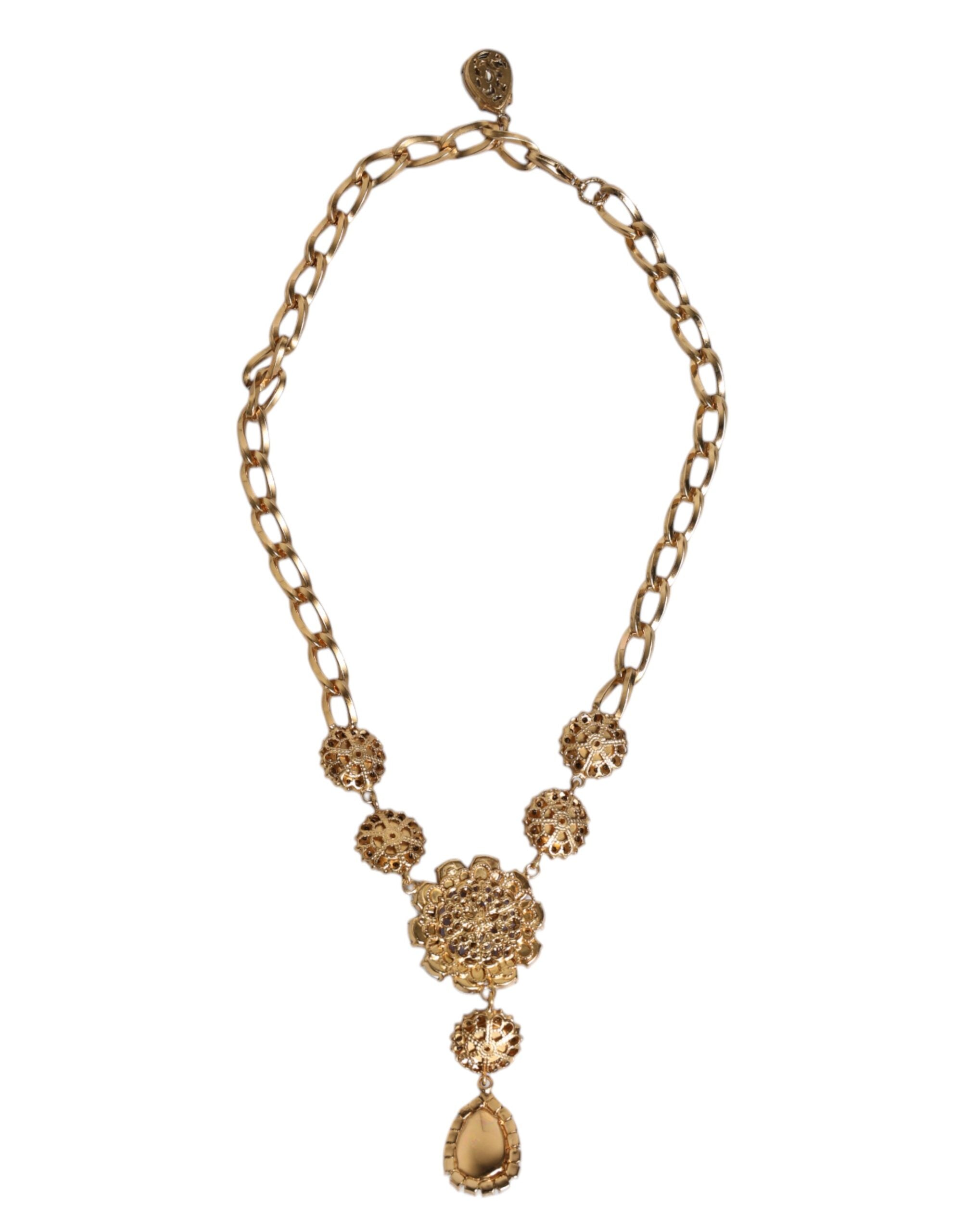 Dolce & Gabbana Gold Brass Floral Crystals Pearl Embellished Necklace