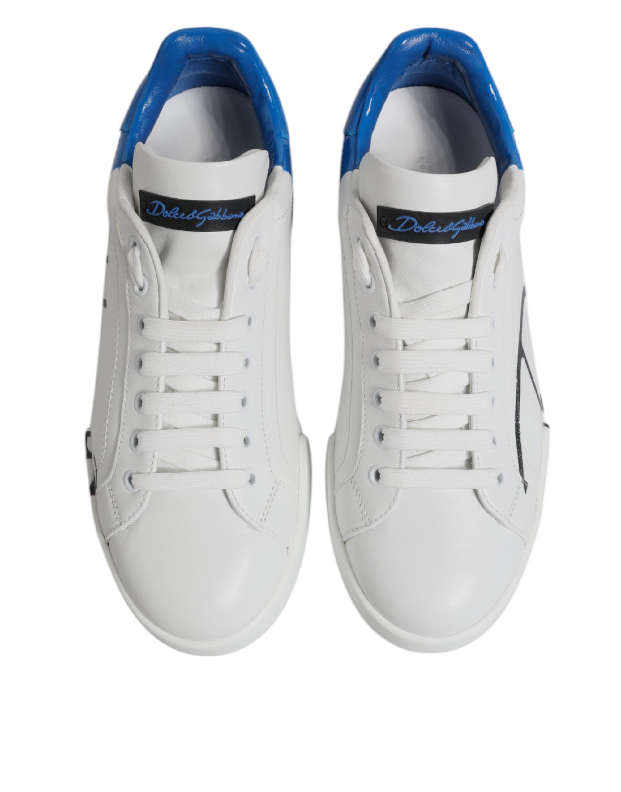 Dolce & Gabbana White Blue Leather Logo Low Top Sneakers Shoes