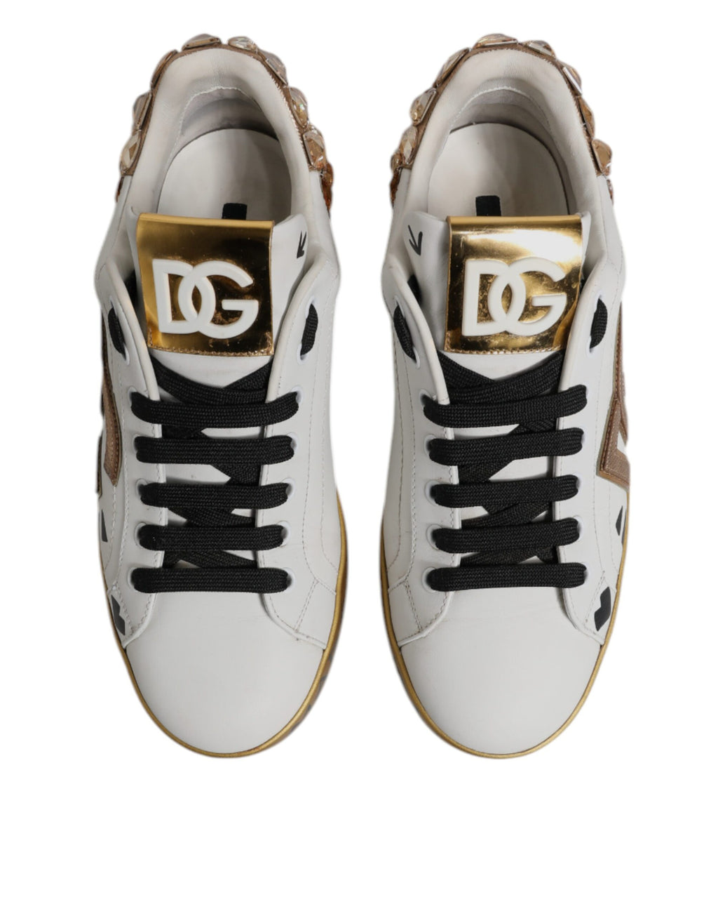 Dolce & Gabbana White Gold Crystal Logo Portofino Sneakers  Shoes