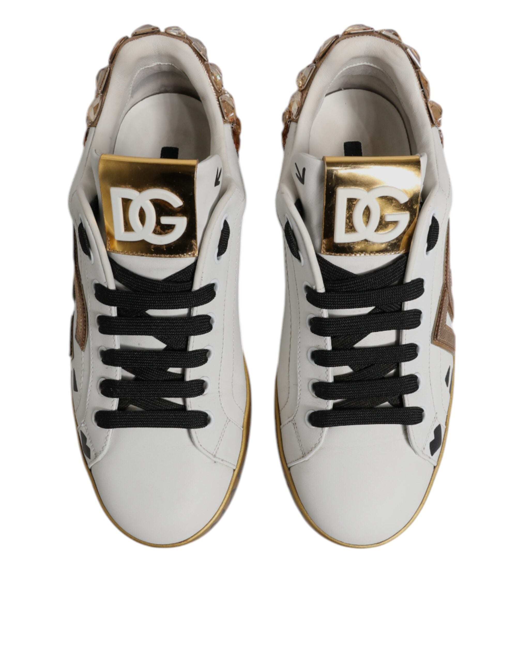 Dolce & Gabbana White Gold Crystal Logo Portofino Sneakers  Shoes