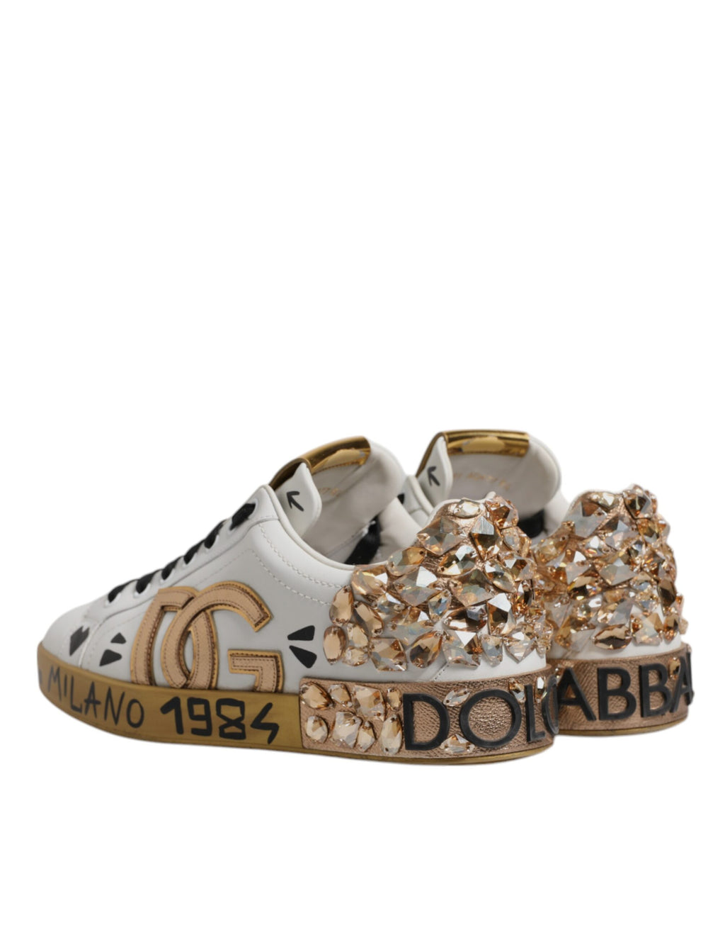 Dolce & Gabbana White Gold Crystal Logo Portofino Sneakers  Shoes
