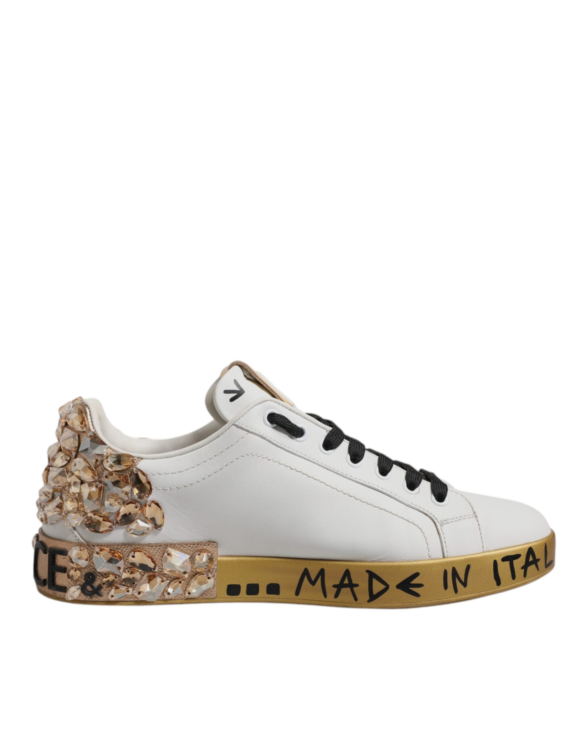Dolce & Gabbana White Gold Crystal Logo Portofino Sneakers  Shoes
