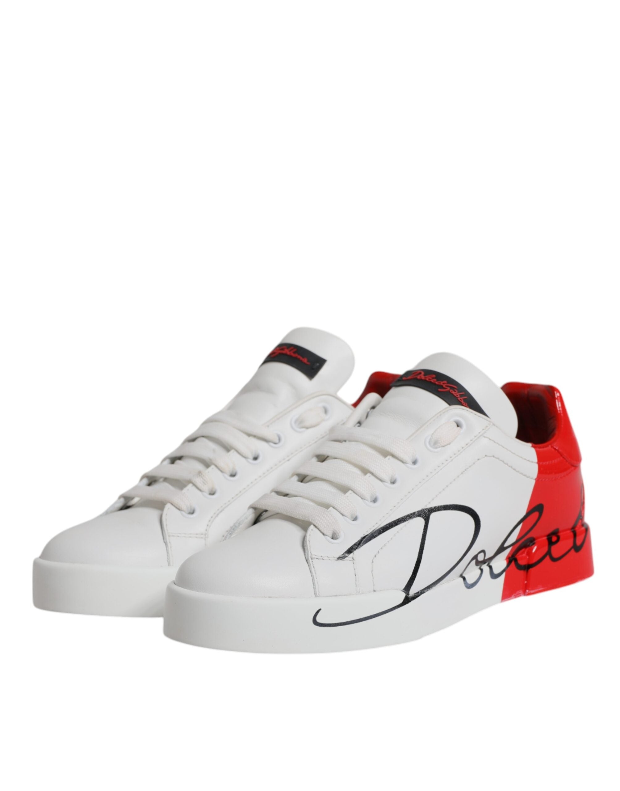 Dolce & Gabbana White Red Leather Logo Low Top Sneakers Shoes