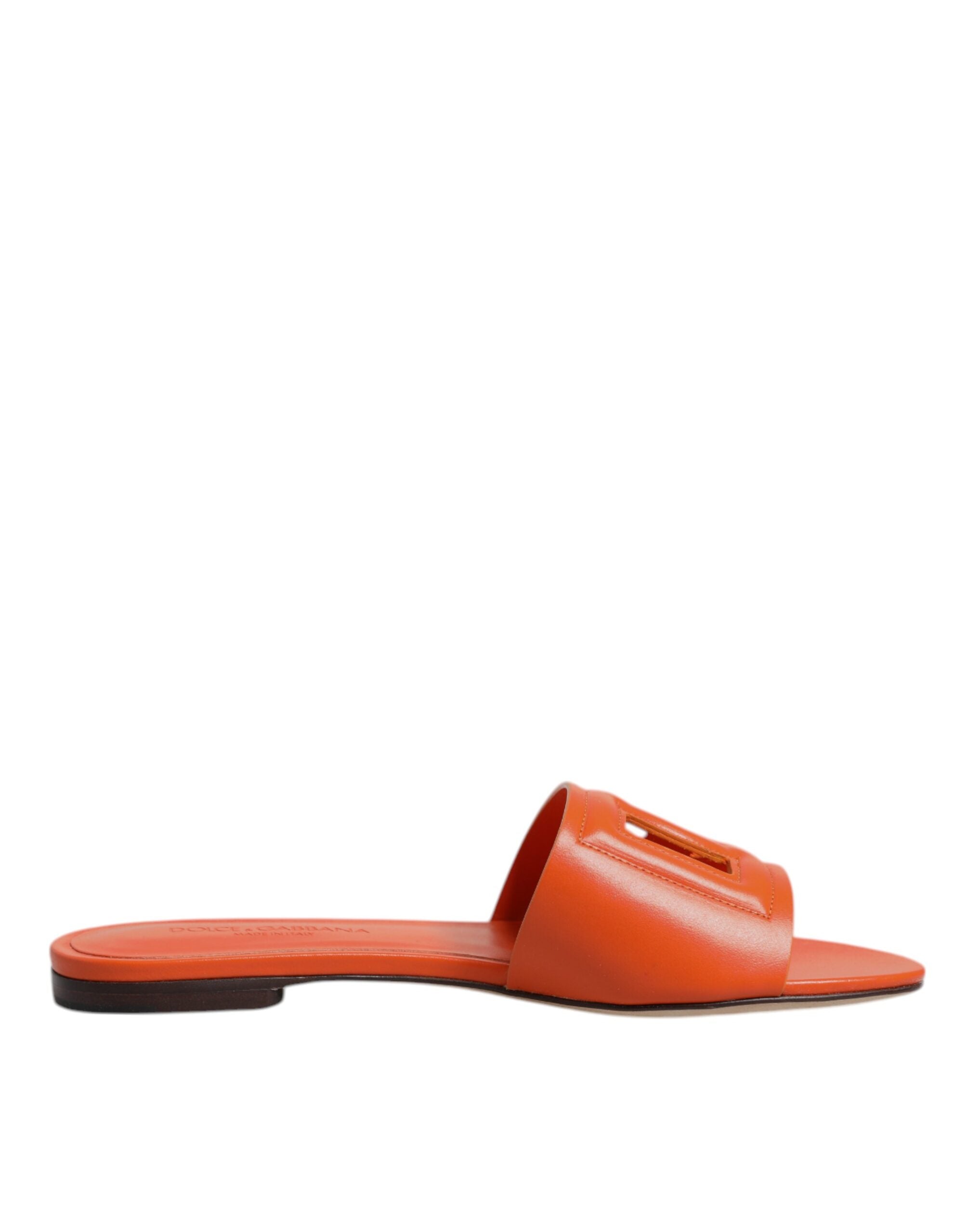 Dolce & Gabbana Orange Leather Logo Flats Sandals Shoes