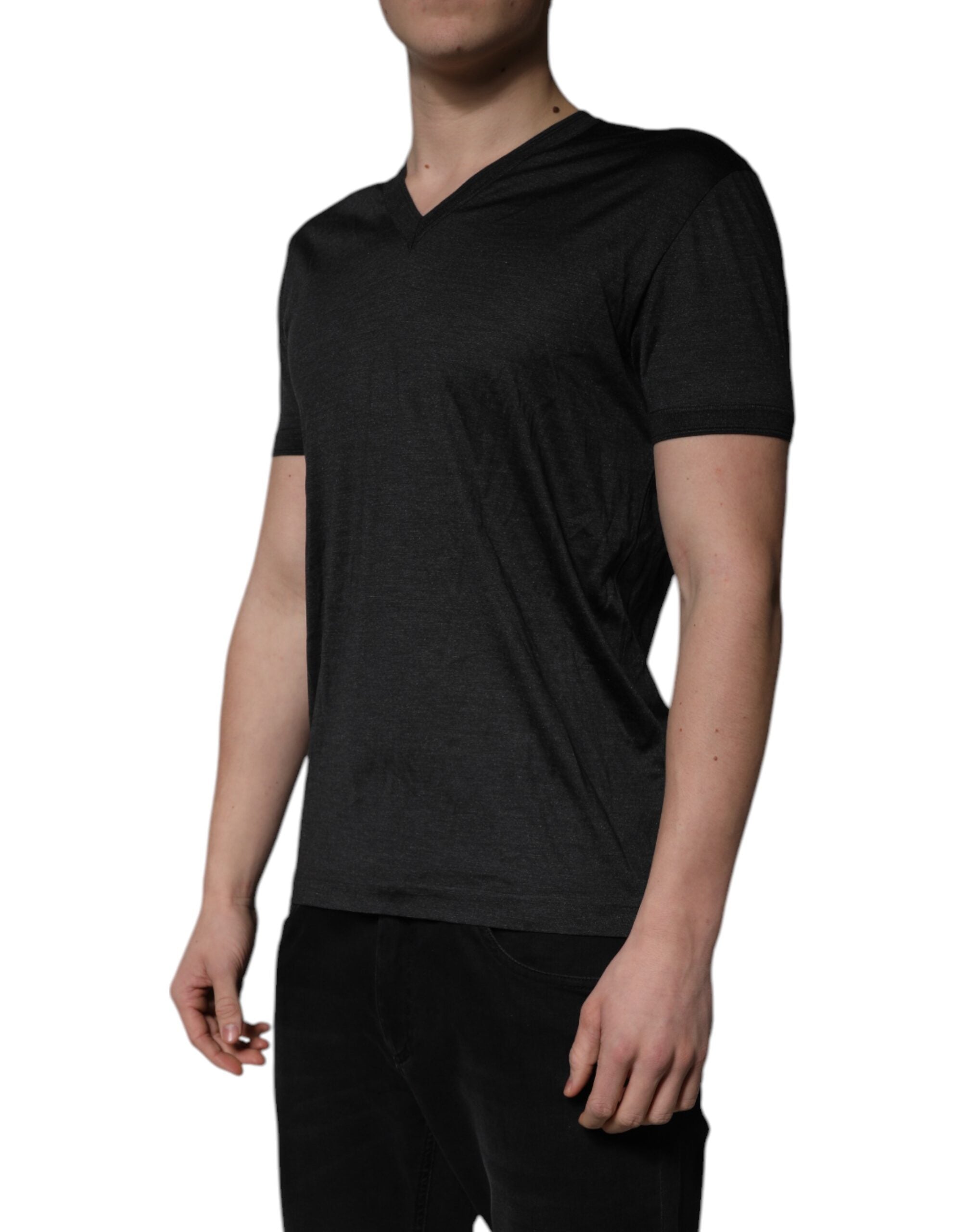 Dolce & Gabbana Dark Gray Silk V-neck Short Sleeves T-shirt