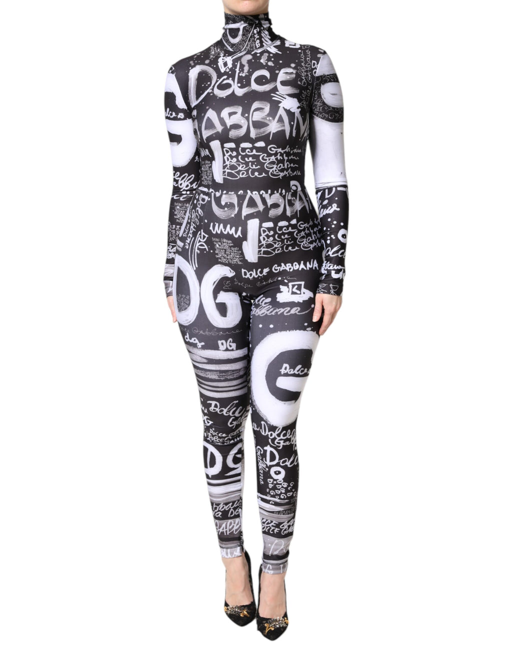 Dolce & Gabbana Black Logo Turtleneck Bodycon Jumpsuit Dress