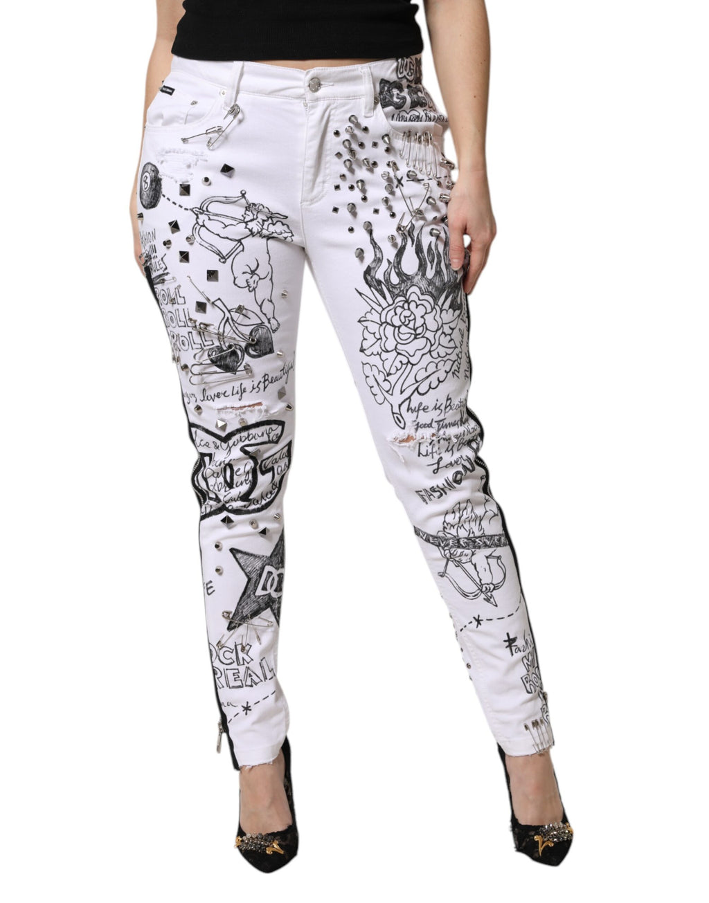 Dolce & Gabbana White Printed Embellished Skinny Denim Jeans