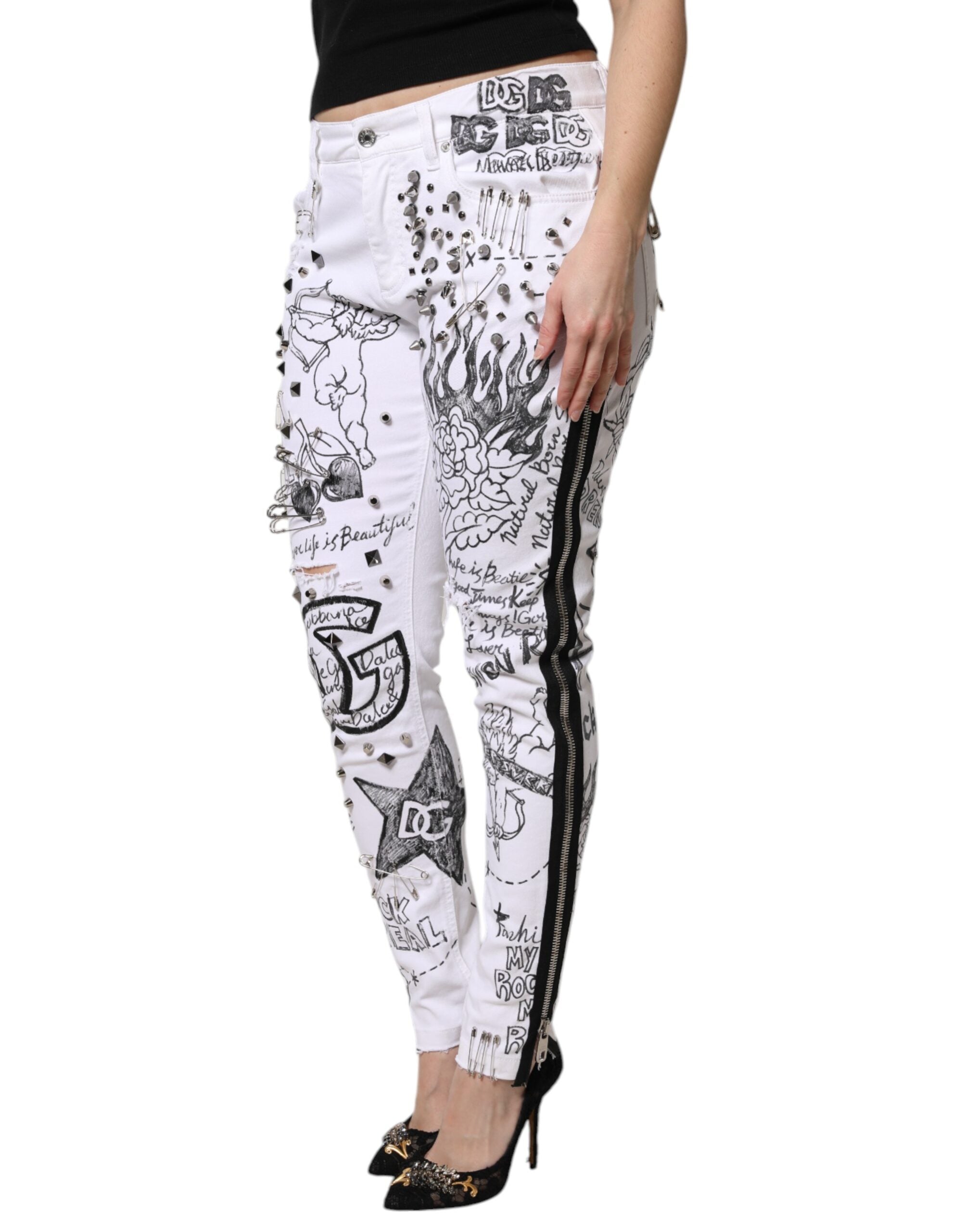 Dolce & Gabbana White Printed Embellished Skinny Denim Jeans