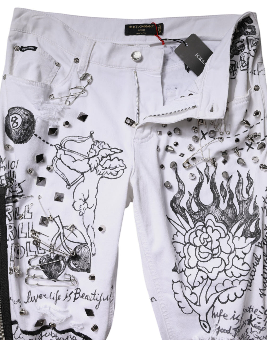 Dolce & Gabbana White Printed Embellished Skinny Denim Jeans