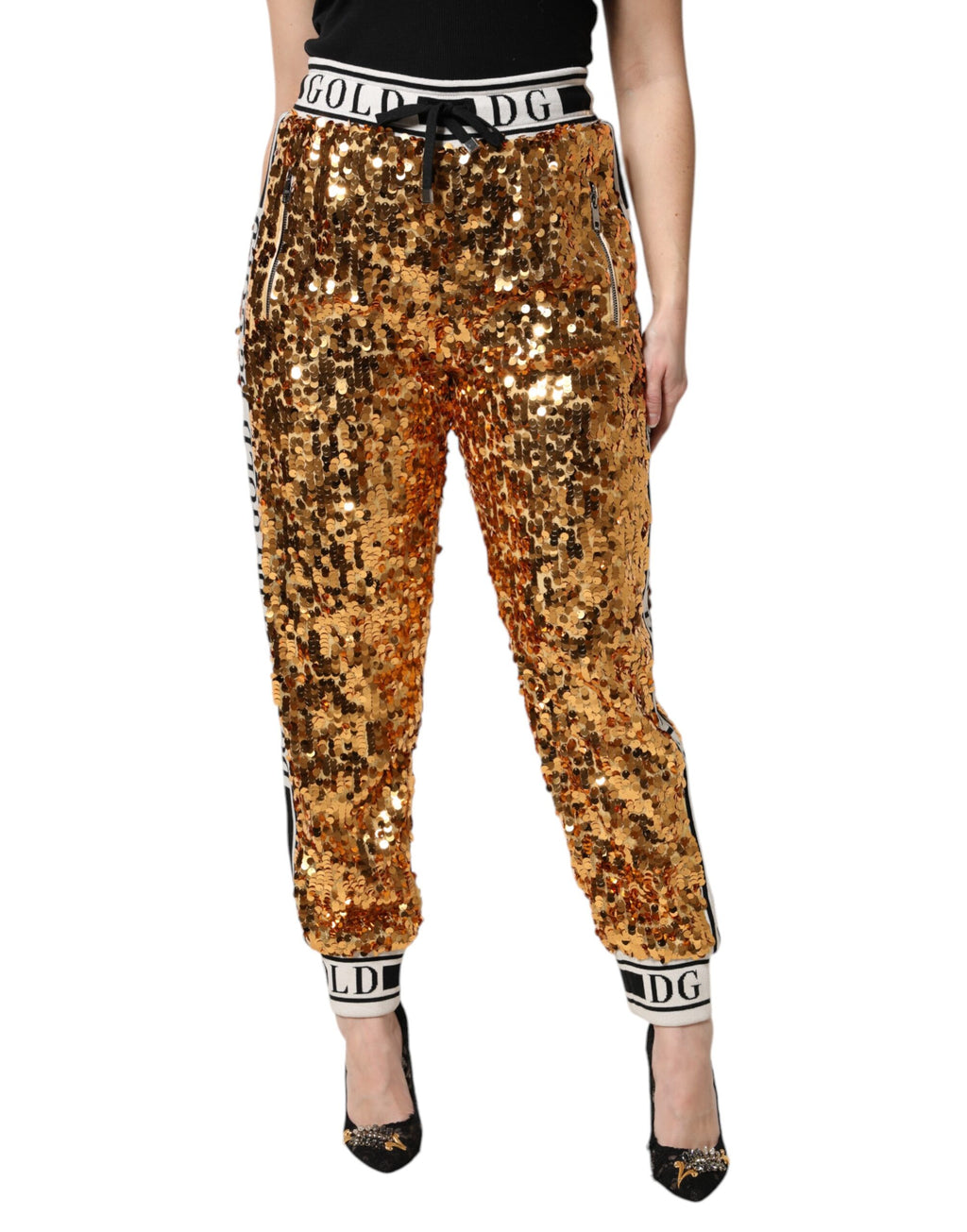 Dolce & Gabbana Metallic Gold DG Logo Sequined Jogger Pants
