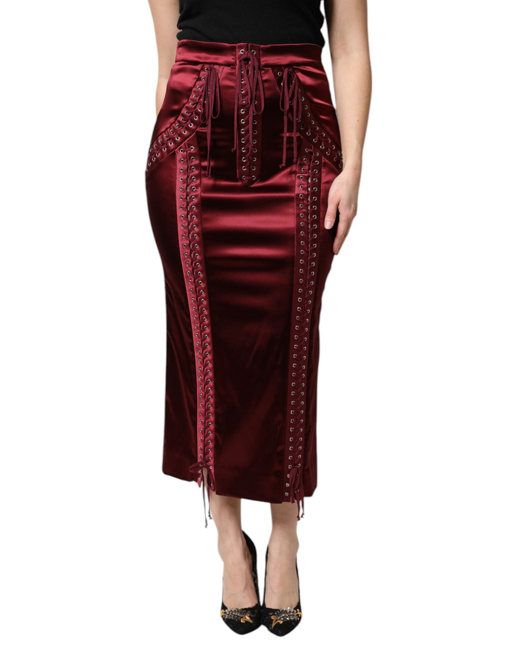 Dolce & Gabbana Burgundy High Waist Satin Corset Midi Skirt