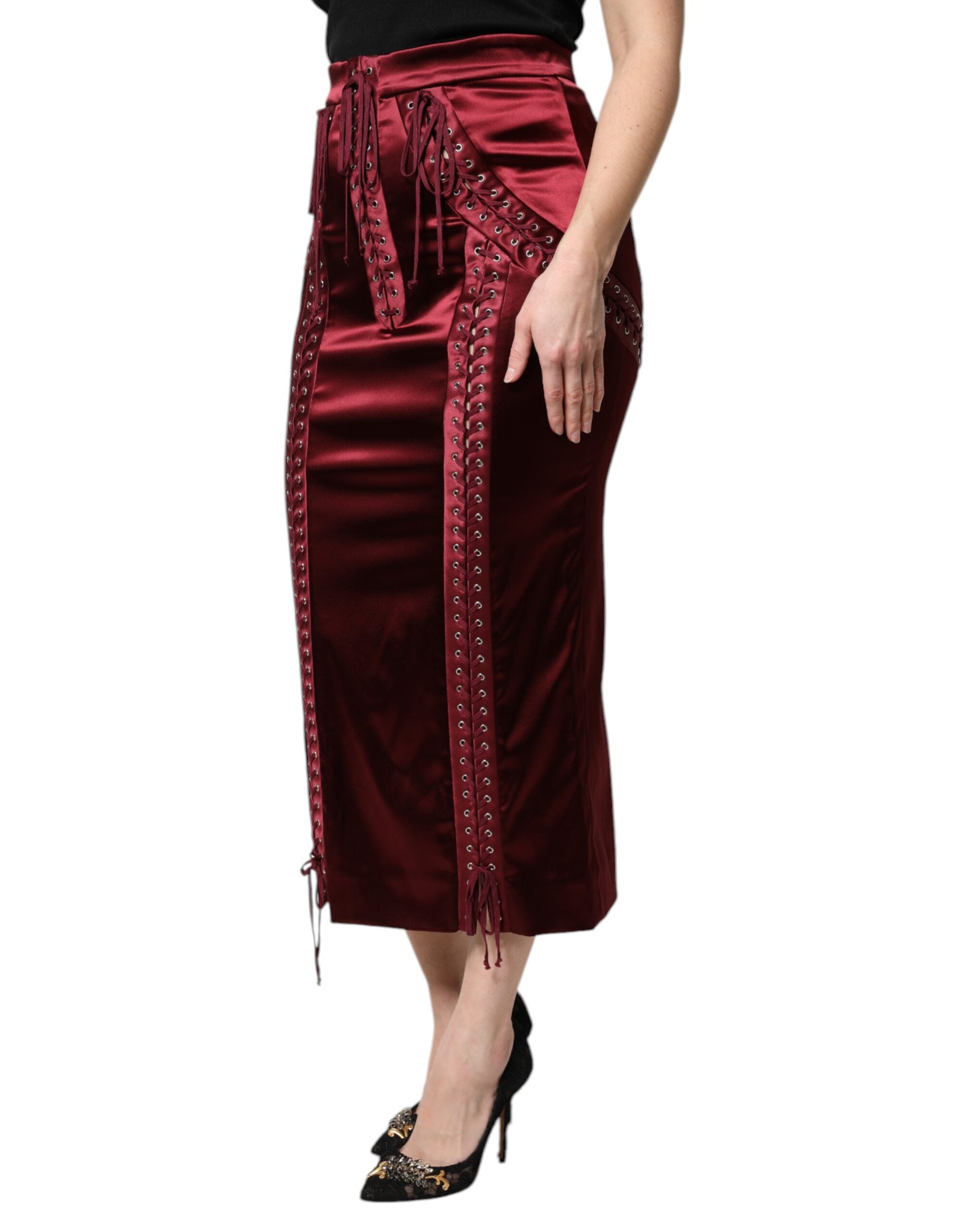 Dolce & Gabbana Burgundy High Waist Satin Corset Midi Skirt