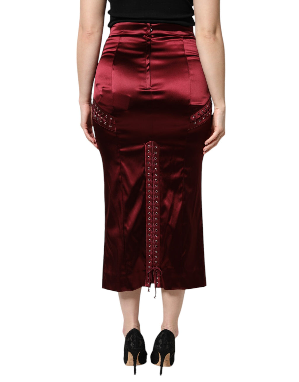 Dolce & Gabbana Burgundy High Waist Satin Corset Midi Skirt