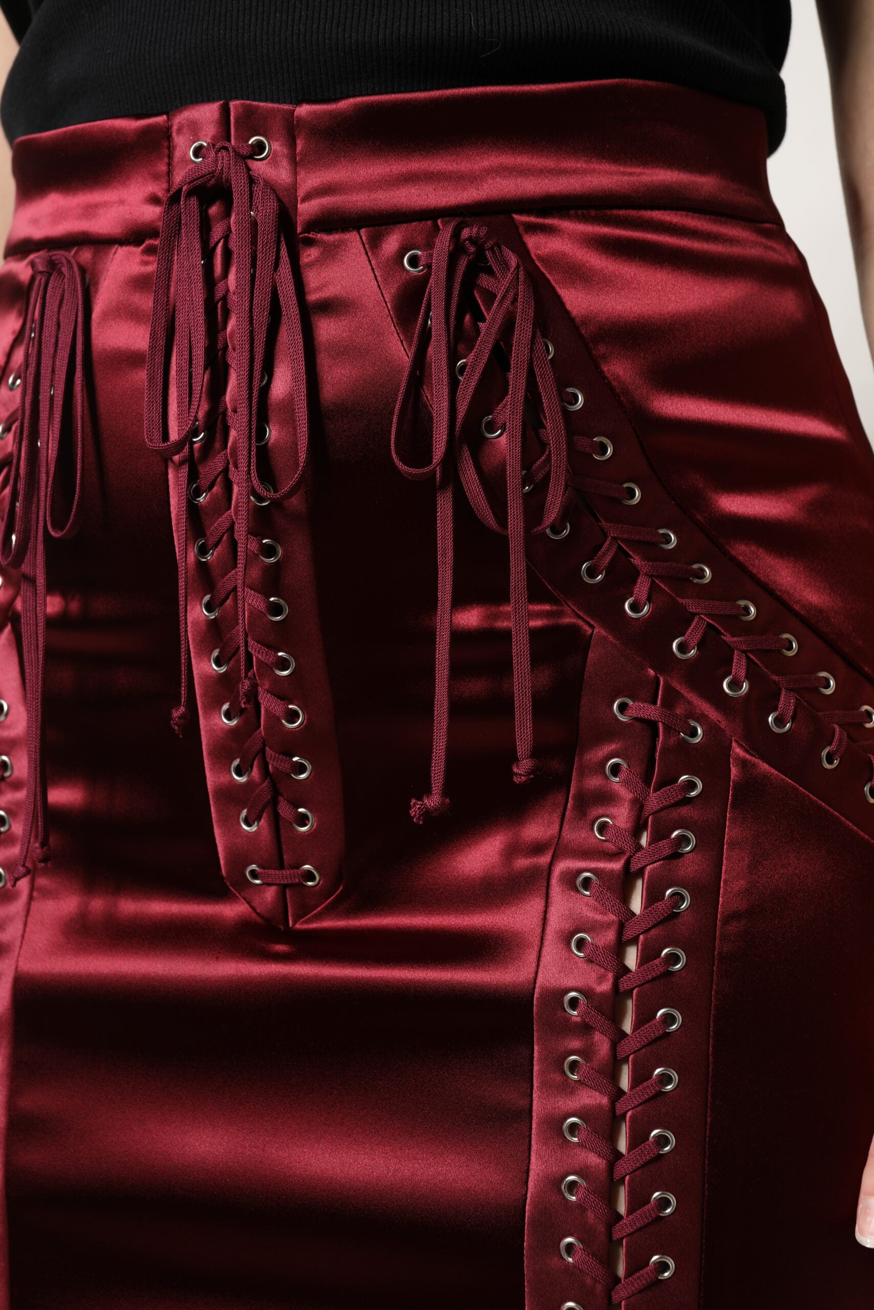 Dolce & Gabbana Burgundy High Waist Satin Corset Midi Skirt