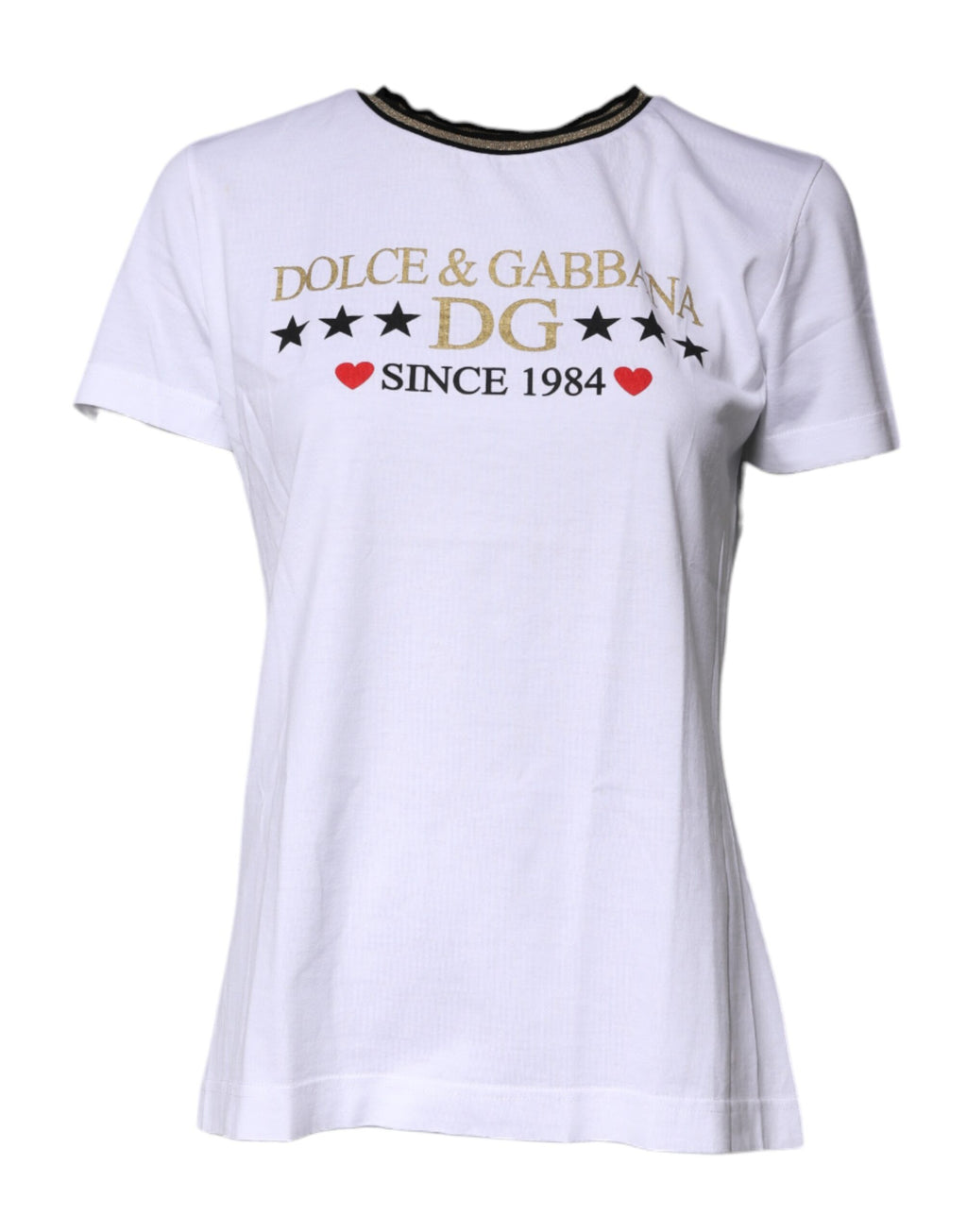 Dolce & Gabbana White Printed Round Neck Top Cotton T-shirt