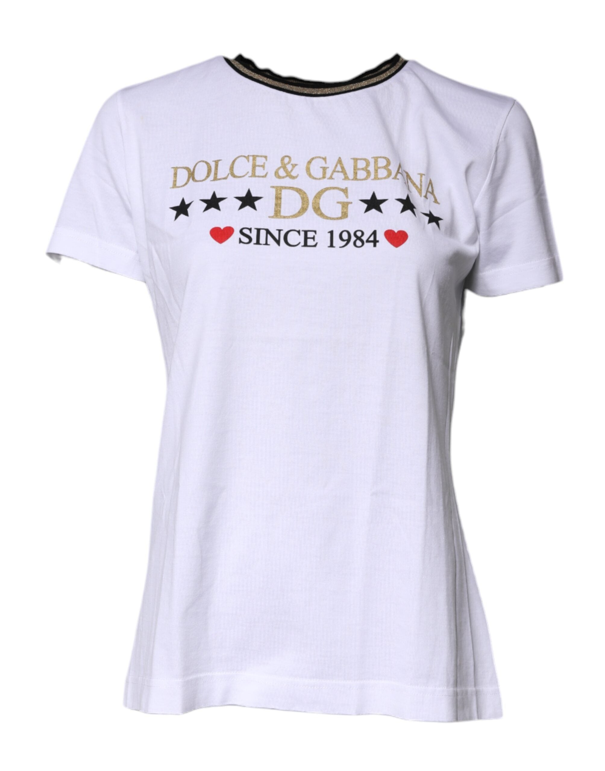 Dolce & Gabbana White Printed Round Neck Top Cotton T-shirt