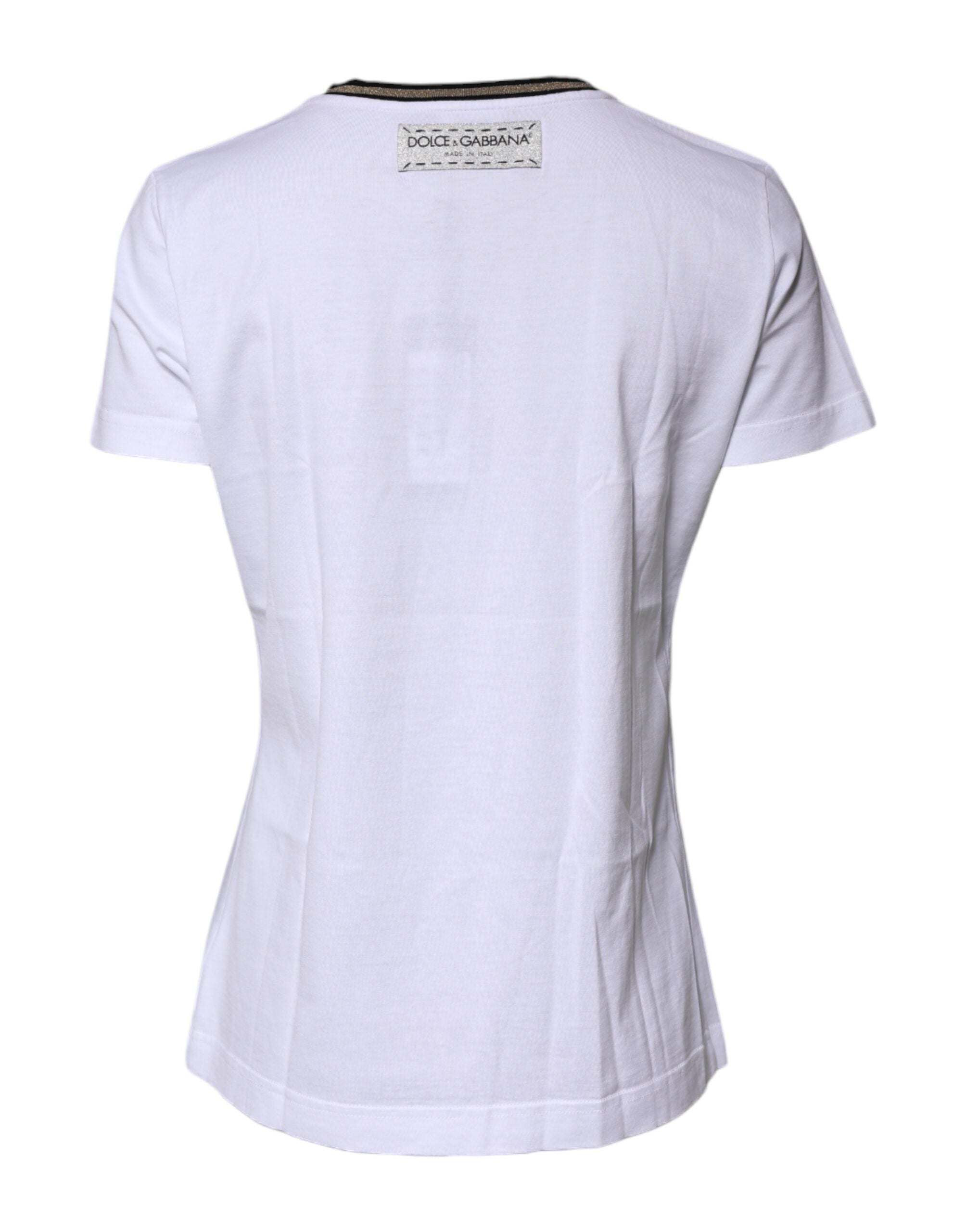 Dolce & Gabbana White Printed Round Neck Top Cotton T-shirt