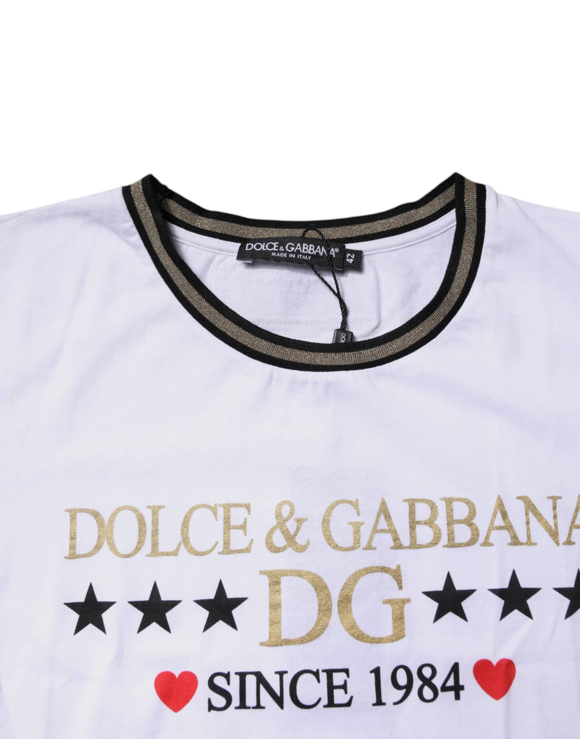 Dolce & Gabbana White Printed Round Neck Top Cotton T-shirt