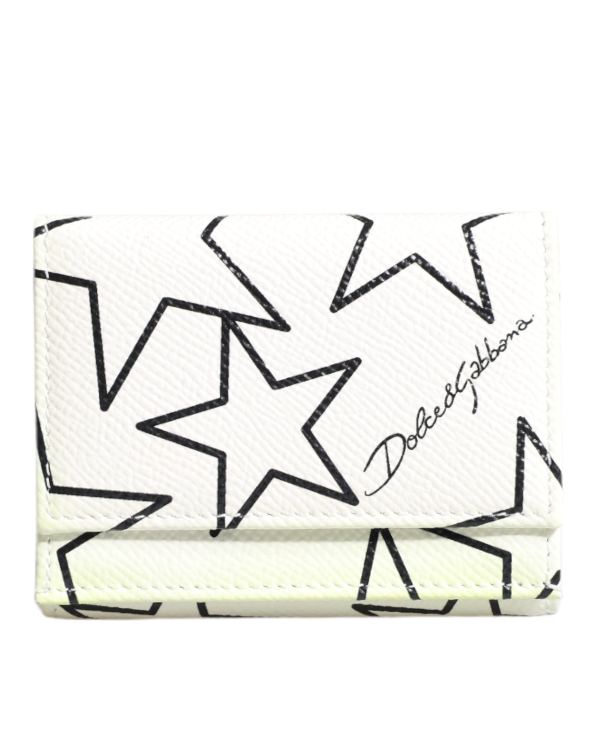 Dolce & Gabbana White Leather Trifold DG Star Print Card Holder Wallet