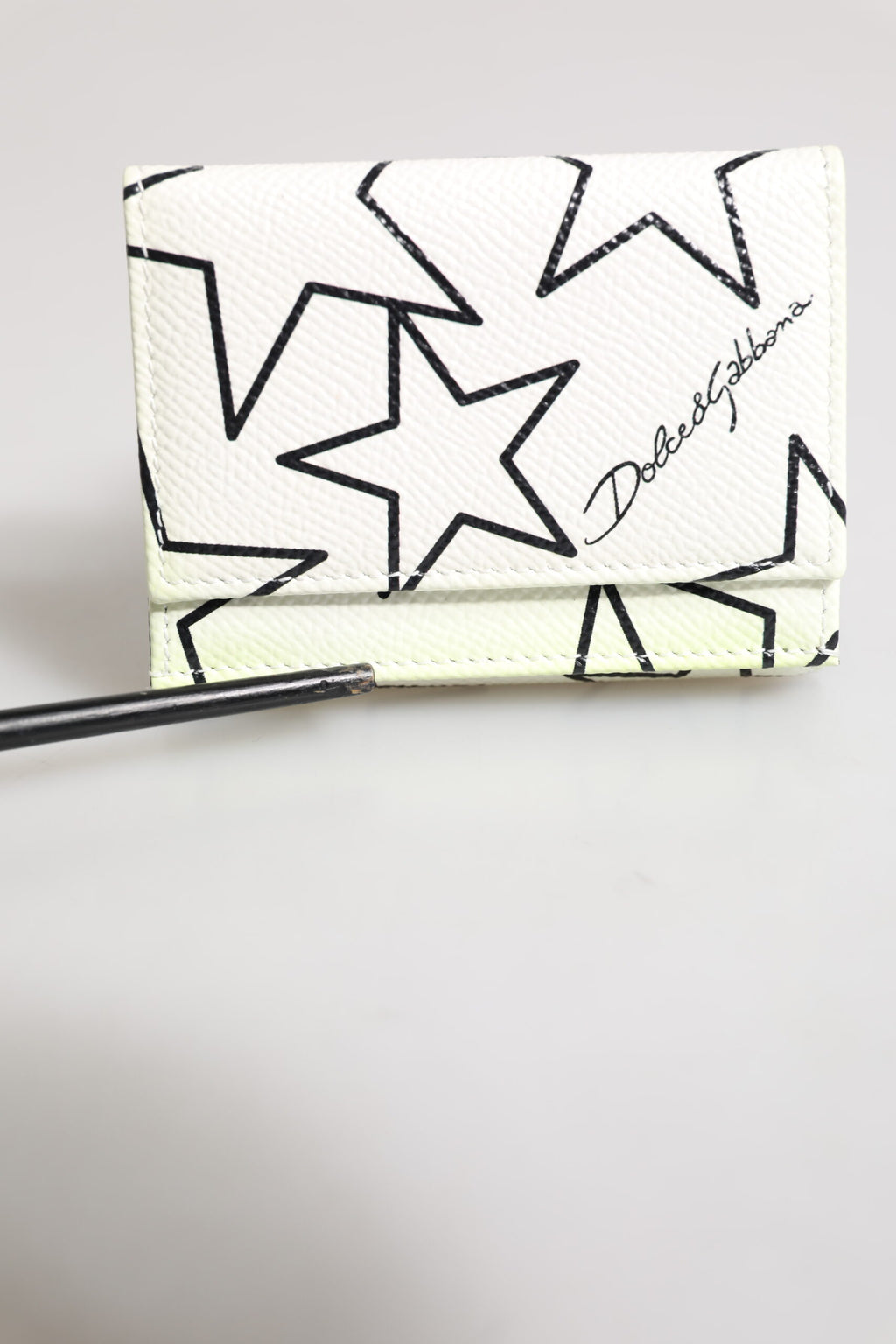 Dolce & Gabbana White Leather Trifold DG Star Print Card Holder Wallet