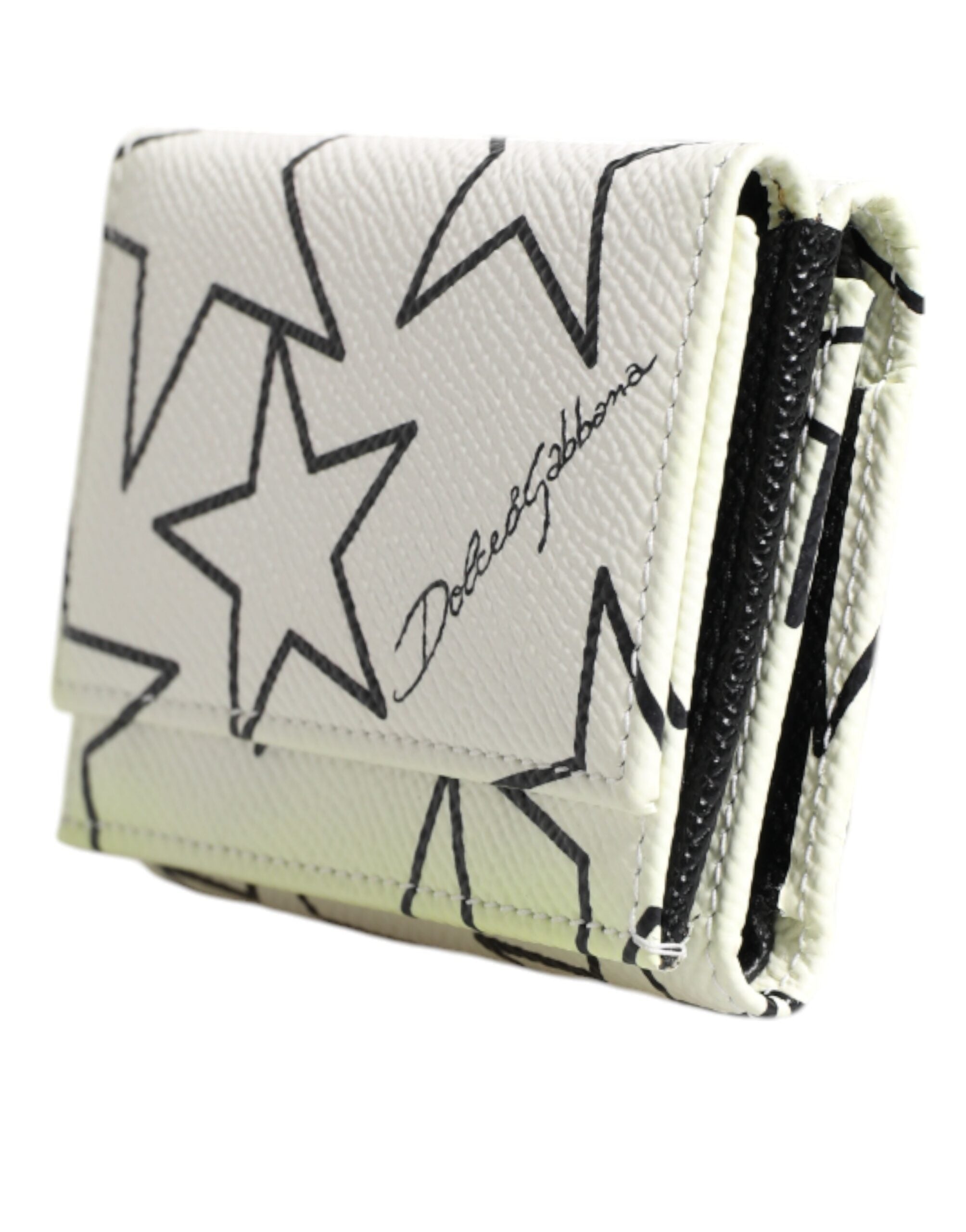 Dolce & Gabbana White Leather Trifold DG Star Print Card Holder Wallet
