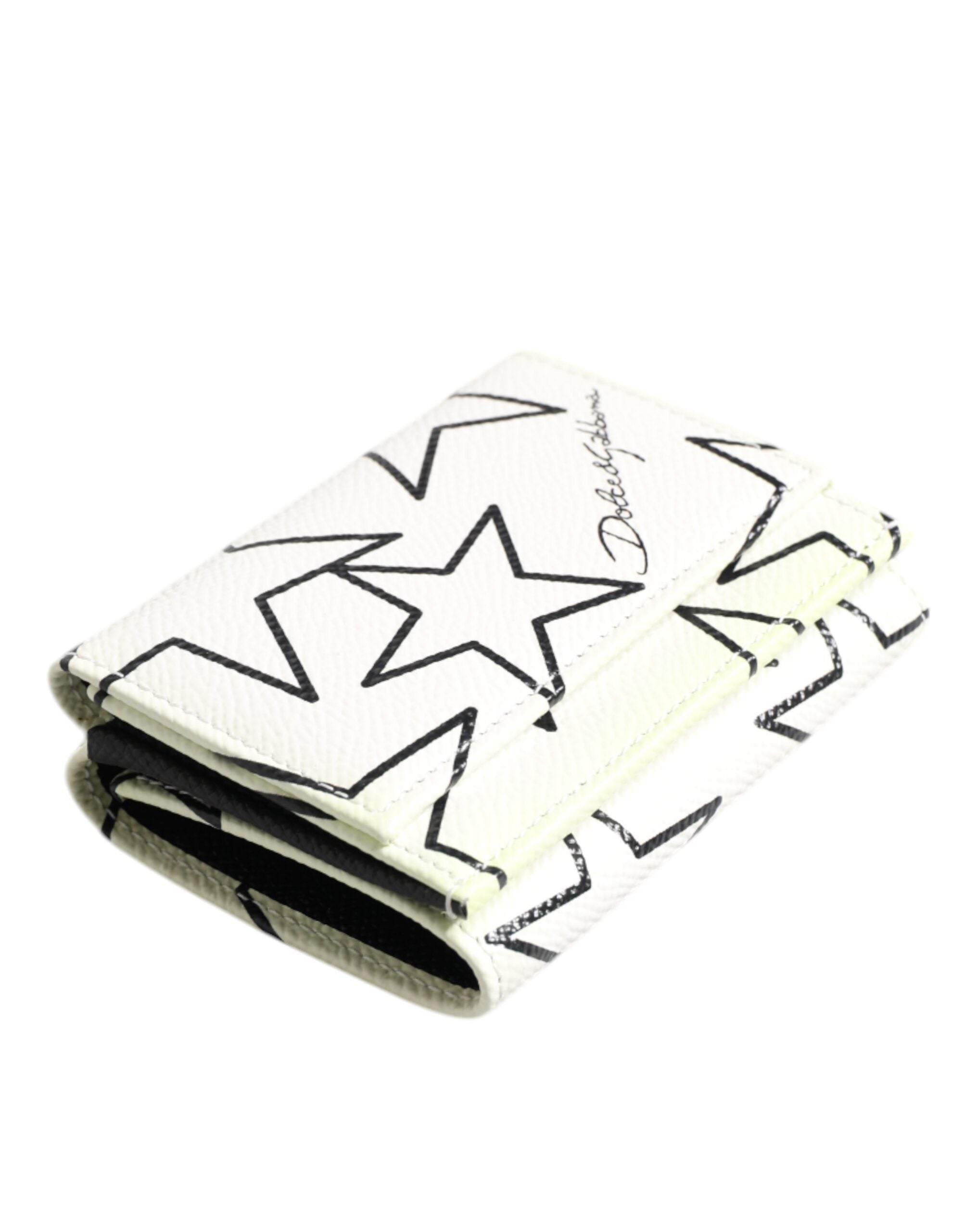 Dolce & Gabbana White Leather Trifold DG Star Print Card Holder Wallet
